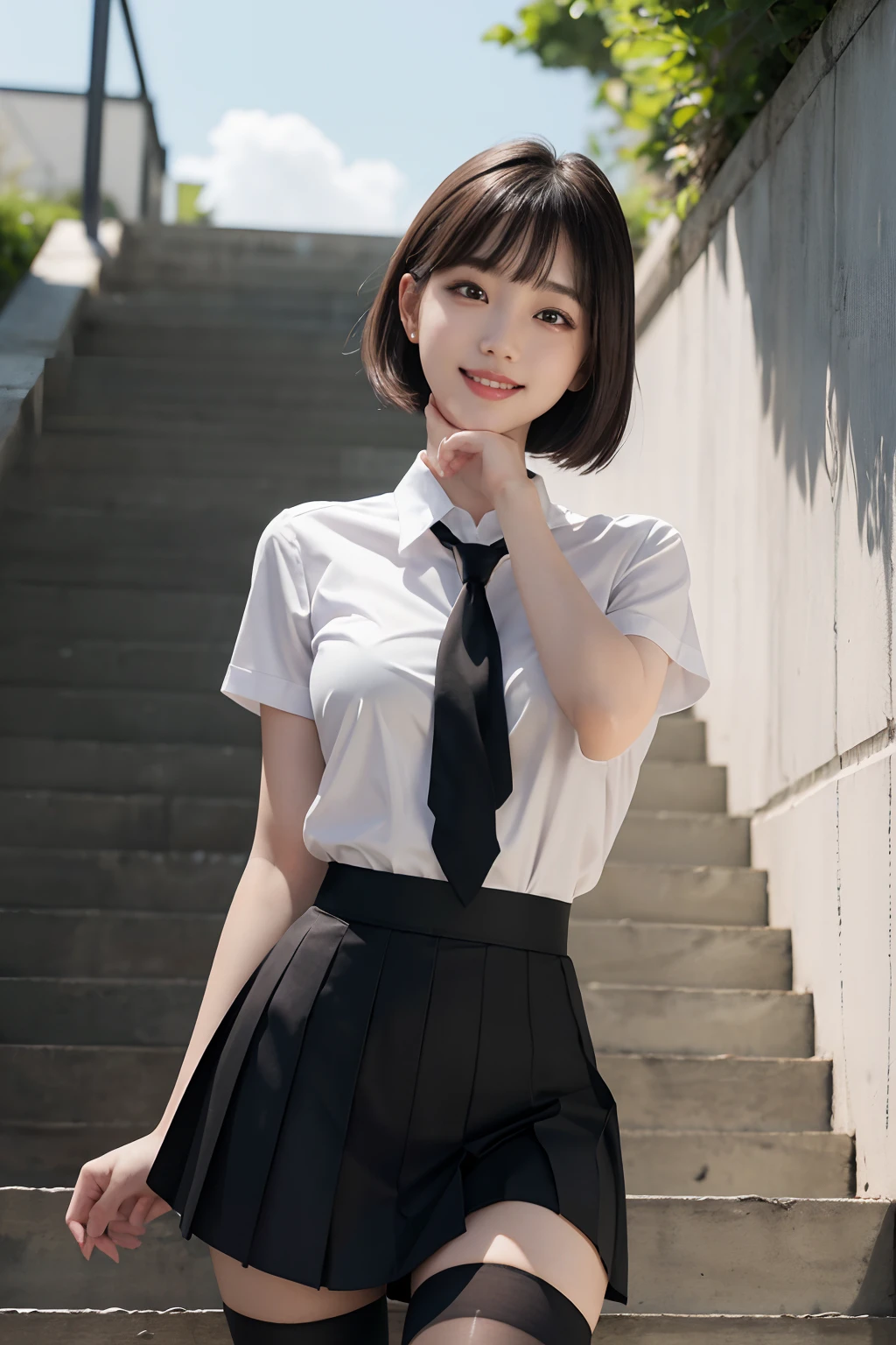 Korean School Uniform、Summer School Uniform Shirts、Tight shirt、Ribbon tie、skirt by the、Schools、stairs at school、Emphasize your chest with both arms、arms in arms、Slender big、8K raw photos、hight resolution、age:20、japanes、Eye of the cut、very large round breasts、beautiful eyes finely detailed、long eyeslashes、Beautiful double eyelids、eye line、big eye、elongated eye shape、Sanpaku eyes、Beautiful and thin legs、Beautiful and thin thighs、Random Shorthair、Tie your hair behind your head、耳Nipple Ring、light brown hair、(Wearing black stockings)、The thighs are erotic、((Look up and smile))、Bending knees、