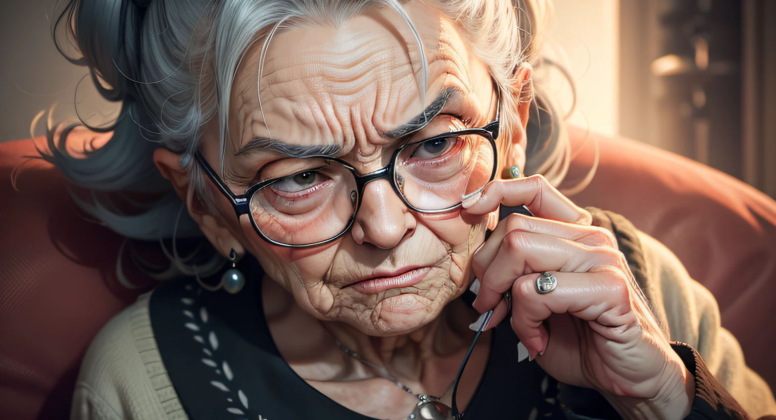/imagine prompt: An angry and frustrated old grandmother sitting on the sofa, furrowing her brows, poking the screen of her phone with her finger, but getting no response, by doodle --niji 5