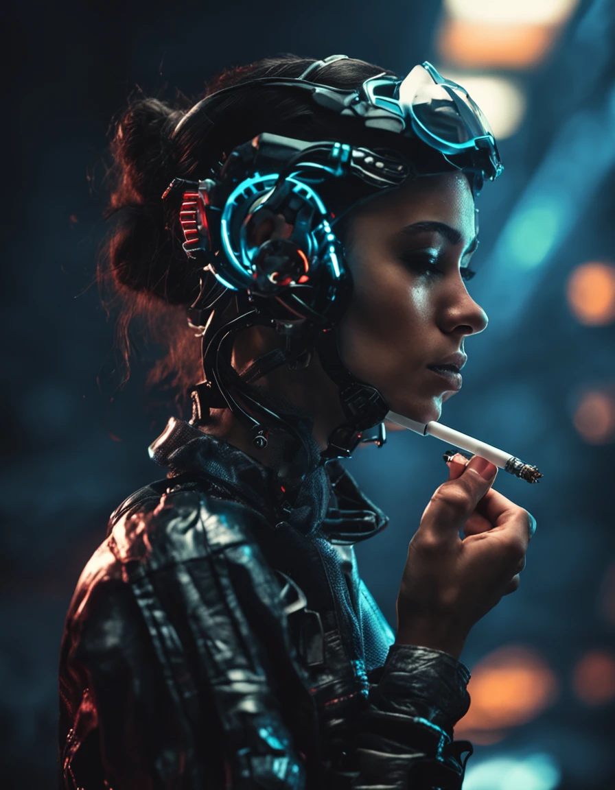 Black background, a cyborg girl smoking, cigarrete, cinematic light