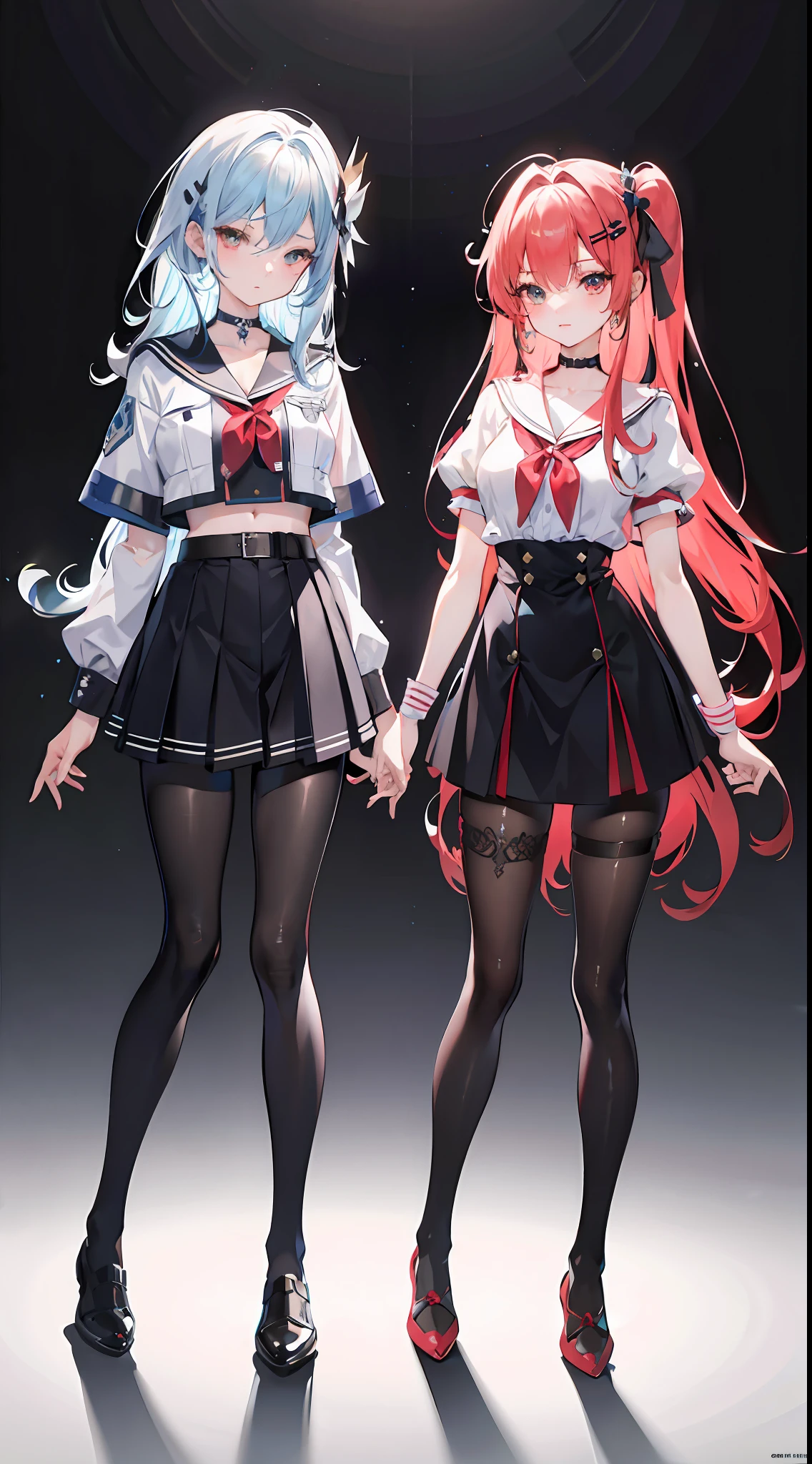 ,twins, masterpiece,best quality,official art,extremely detailed CG unity 8k wallpaper, 2girls, adorable girl, yuri, hair ornament, short shorts, crop top, pantyhose, ribbon_choker, leg belt,