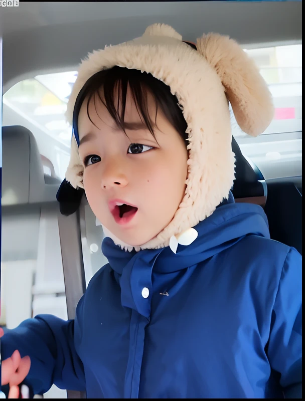 Close-up of a  in a blue jacket and a bunny hat, wan adorable korean face, Ruan cute vtuber, kid, jimin, Very cute and childlike, jaeyeon nam, giga chad crying, Cute , expression of surprise,, He wears a rabbit hat,