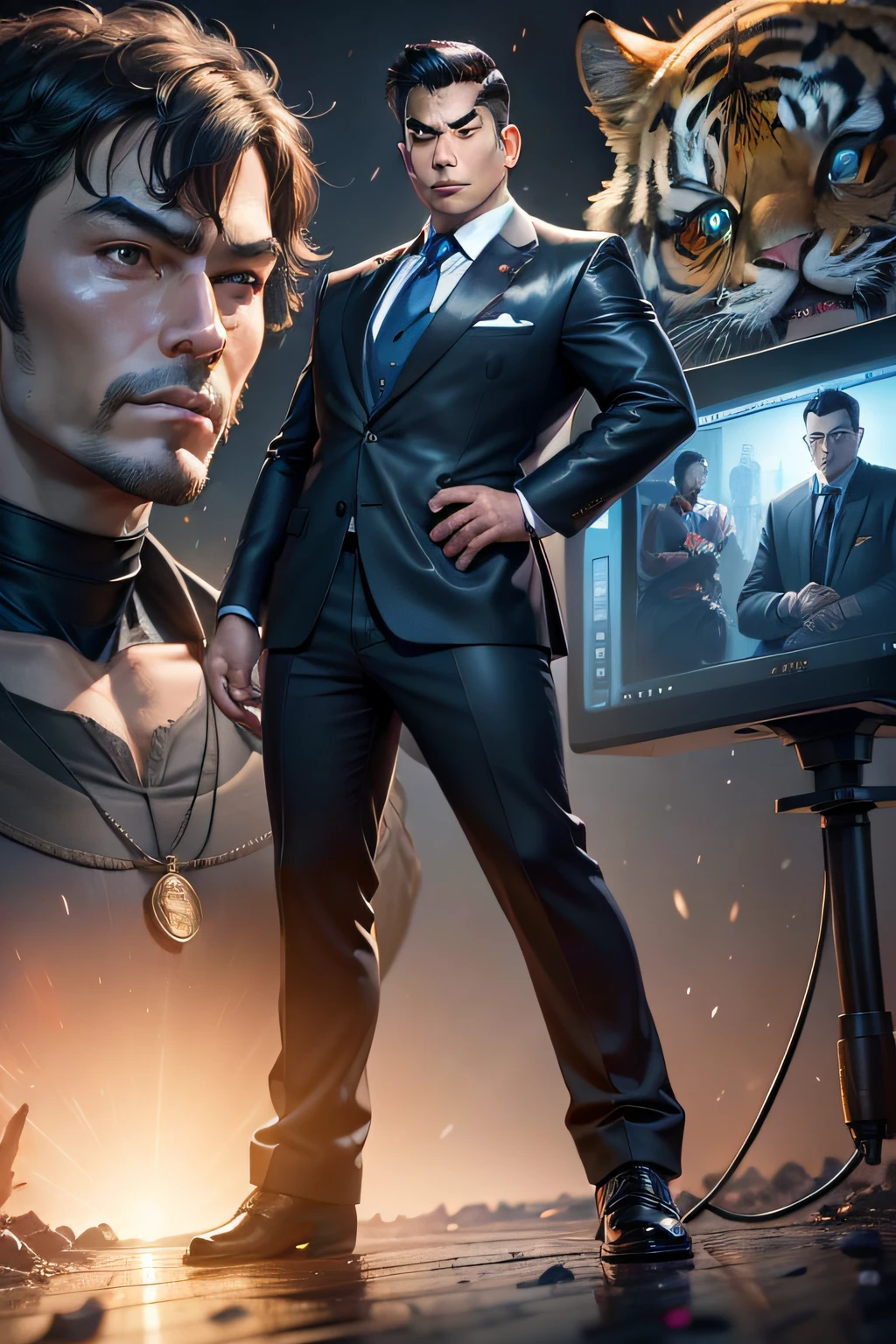 (Masterpiece), (Excellent), (Super Meticulous), (Full Body: 1.2), Super Young Man, Oriental Face, Japanese Kimono, Japanese Wind Thunder God, Dragon, Tiger, TV Anchor, Bust Portrait Illustration, Alone, Black Suit, Blue Tie, Slightly Chubby Face, Very Clean Face, No Beard, Black Super Short Hair, Black Eyes, Confident Smile, 3c Computer Sub-Products, iPad, iPhone, Digital Painting, 3D Character Design by Akira Toriyama and Mark Claireden and Pixar and Hayao Miyazaki, The illustration is a high-definition illustration in 4K resolution with very detailed facial features and cartoon-style visuals.