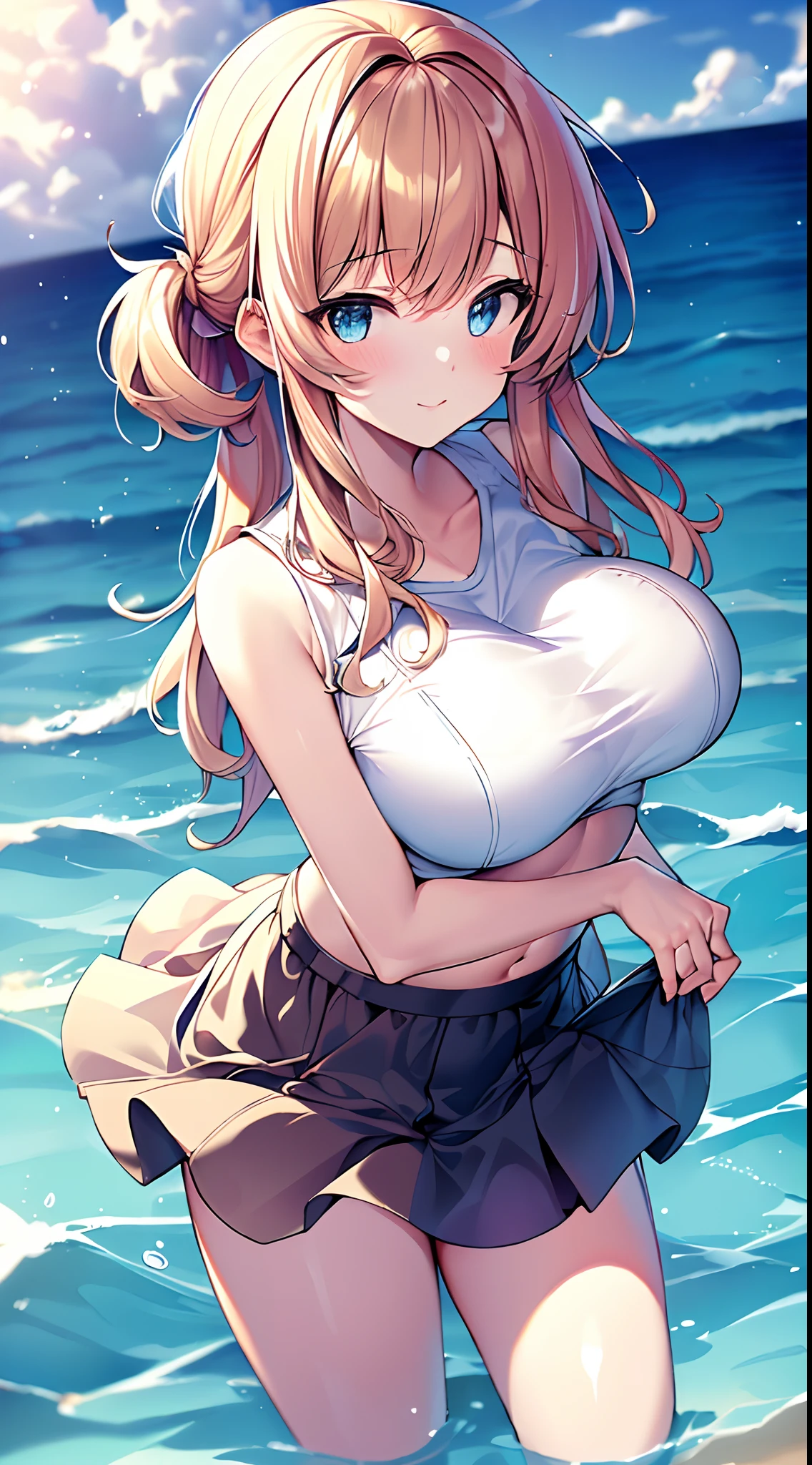 ((Best Picture Quality, 8k, tmasterpiece:1.3)), 1girl, Beautiful woman with slender abs:1.3, (Casual hairstyle, No leakage of big breasts:1.2), short skirt:1.1, Ultra-fine face, A detailed eye, 二重まぶた,ssmile,adolable,boobs exposed,tight-fitting,stocklings