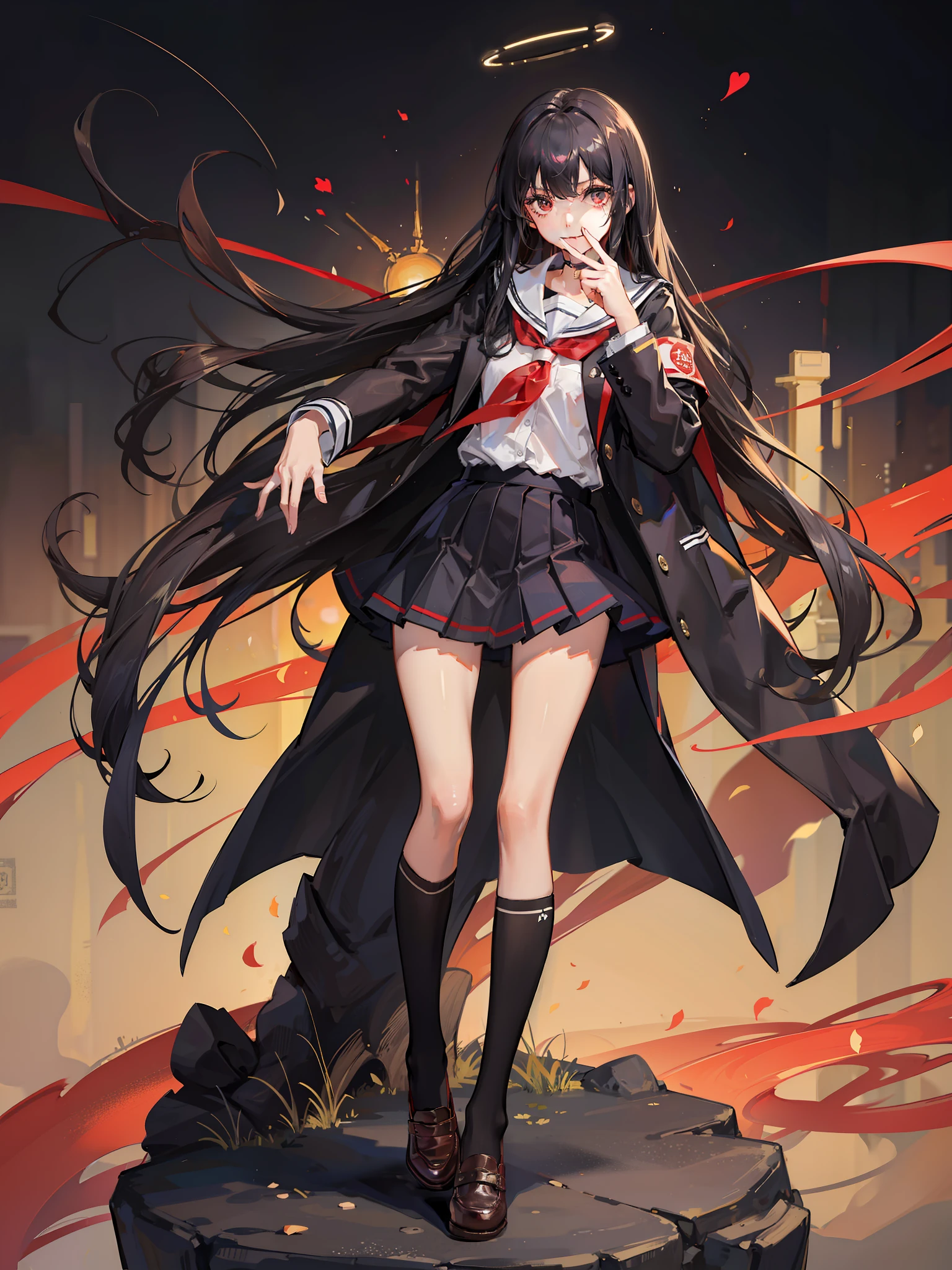 tmasterpiece，Best quality at best，Correct limbs，Girl covering her mouth，is shy:1.5，Be red in the face:1.5，JK school uniform，emaciated，a black pleated skirt，black lence stockings，thin very long legs，18yr old，high school senior，school ground