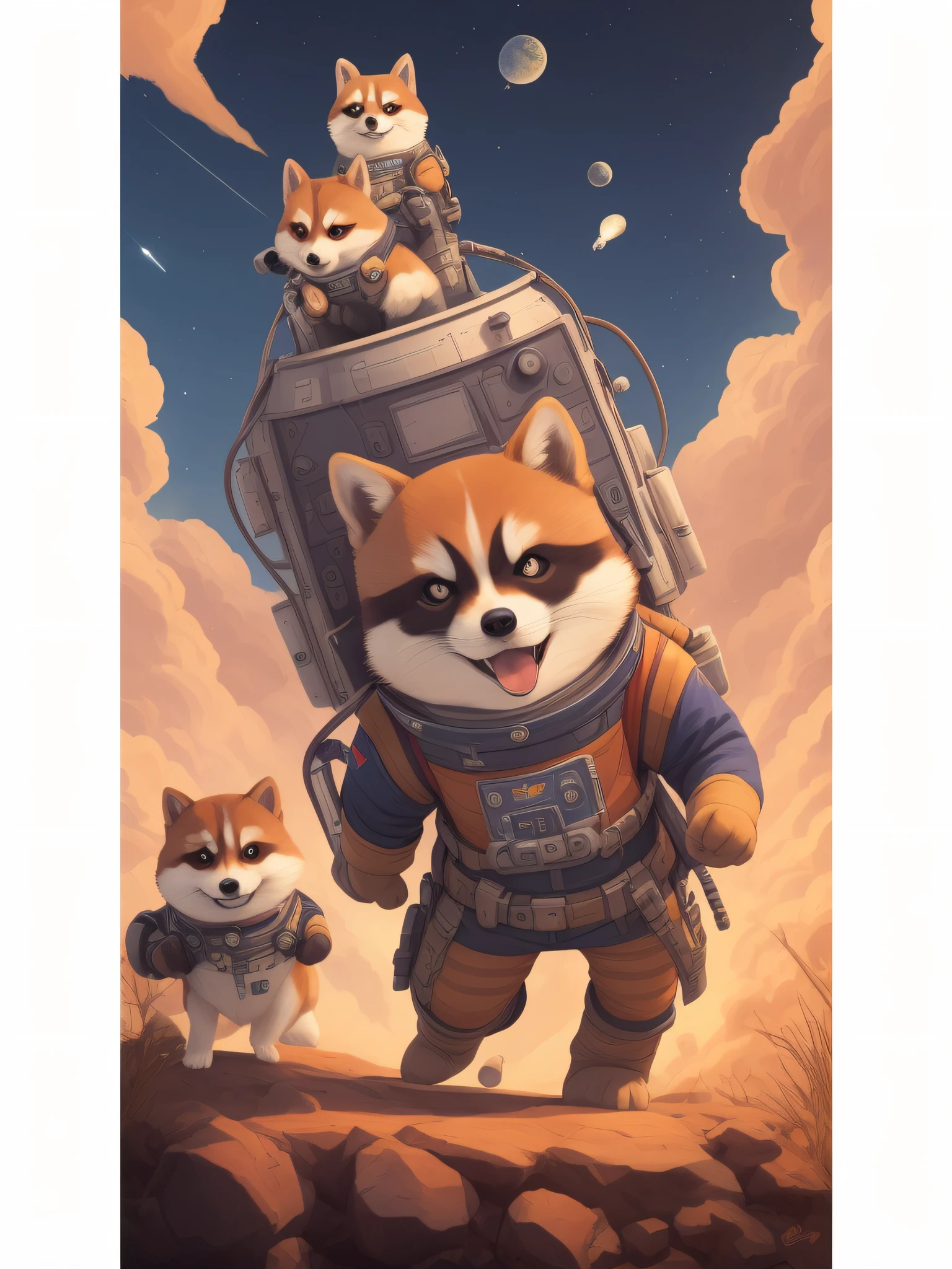 Cartoon close-up of a rocket raccoon in space, shiba inu cosmonaut, corgi cosmonaut, author:Ryan Yee, shiba inu cosmonaut portrait, atey ghailan 8 k, expressing joy. by Krenz Cushart, author:Chen Jiesheng, trending on artstation pixiv, author:Patrick Cheng