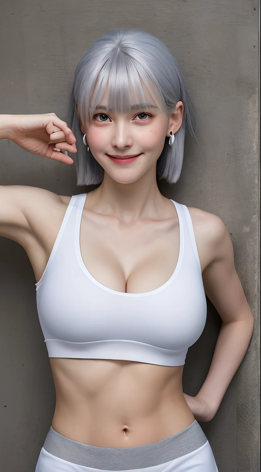 Best quality, RAW photos, super high resolution, shooting from the side, bright silver hair, bright gray hair, popping smile, one corner of mouth raised,  Korean, very big round breasts, cleavage, cropped t-shirt, running clothes, training clothes, running shorts, fair skin, shiny white skin, short bob, beautifully matched bangs, beautiful eyes of random colors, very thin lips, beautiful eyes in every detail, elongated eyes, pale pink cheeks, long eyelashes, beautiful double eyelids, eyeshadow, beautiful thin legs, beautiful feet, beautiful navel, beautiful abs, beautiful ribs, beautiful constrictions, beautiful hip line, necklaces, earrings, hair accessories, night park, night stairs, concrete walls, leaning against the wall, holding a towel in hand, Holding a cloth in hand