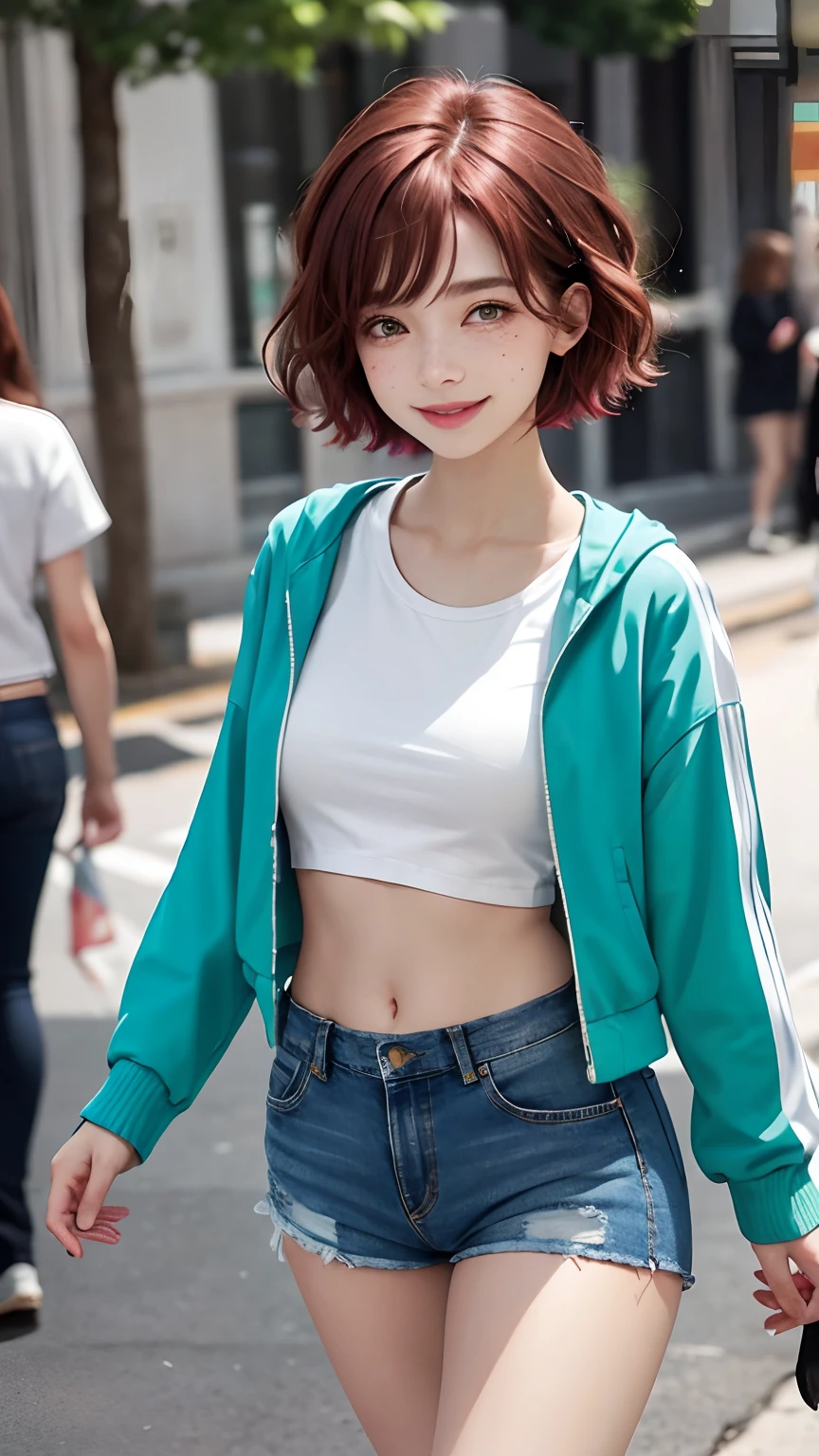 volumetric lighting, best shadows, shallow depth of field, portrait of stunning, petite, delicate girl, attractive face, seductive green eyes, happy smile, closed mouth, lovely medium breasts, (short red hair), freckles, thick eyelashes, pink open pop jacket, white underboob mini t-shirt, open navel, slim waist, denim shorts, walking on the street, (high quality, amazing details: 1.25), bright colorful paintings,