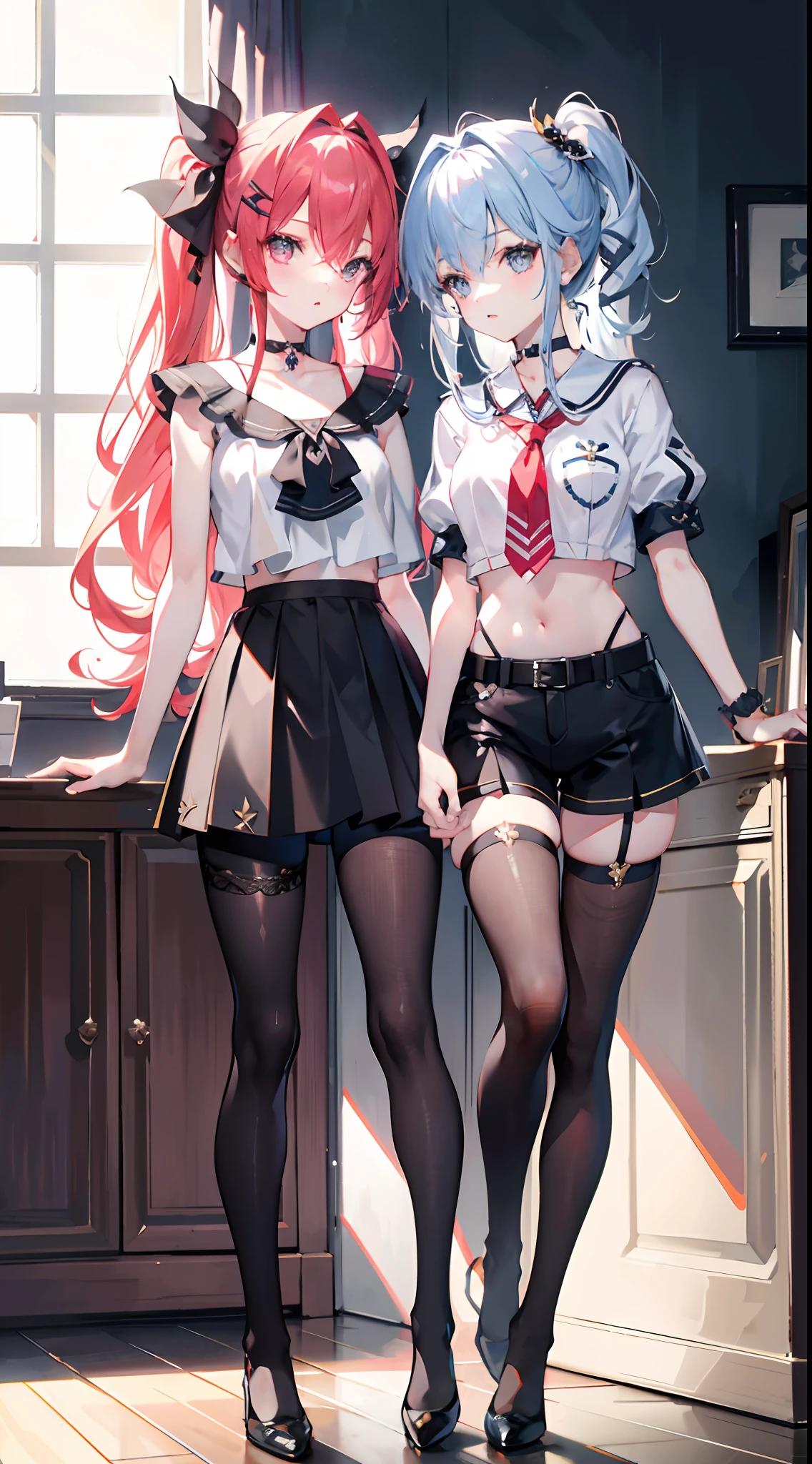 ,twins, masterpiece,best quality,official art,extremely detailed CG unity 8k wallpaper, 2girls, adorable girl, yuri, hair ornament, short shorts, crop top, pantyhose, ribbon_choker, leg belt,