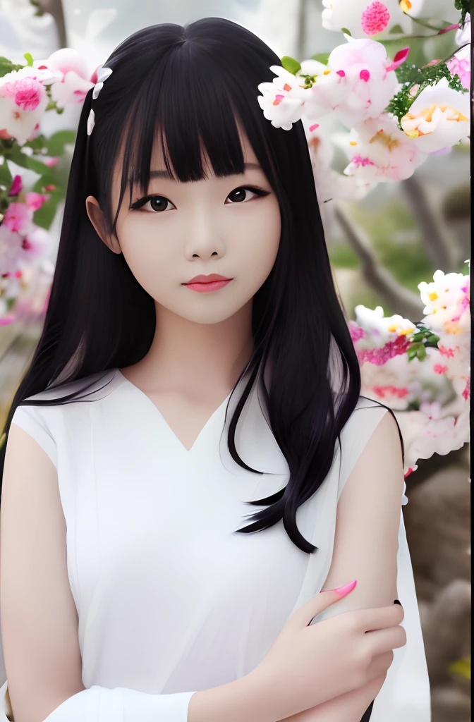 shuimobysim, (white background:1.4), ((tachi-e)), original,(illustration:1.1),(best quality),(masterpiece:1.1),(Extremely detailed CG unity 8k wallpaper:1.1), (colorful: 0.9),(panoramicshooting:1.4),(full bodyesbian:1.05),(solo person:1.2),(Splash ink),(Splash color),((aquarelle)),Clear and sharp,{1 girl standing},(( chinese style )),(flowers,woods),outdoors,rocks,looking viewer,make happy expressions,soft smile,pure,beautyfull detailed face and eyes,beautyful electricity clothing department pattern details,black hair,black eyes,