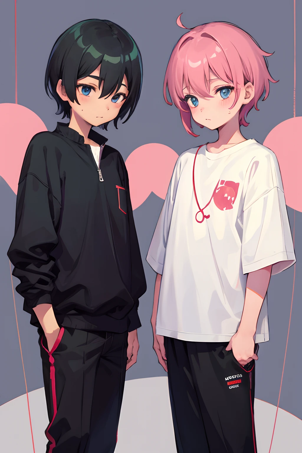 (high quality,anime style),tall and slender boy with【long white hair】,black eyes,smiling gracefully,enveloping his arm around the waist of the girl standing next to him. The girl has【short pink hair】,blue eyes. Behind them, there is a pair of black wings on the boy and a pair of white wings on the girl.