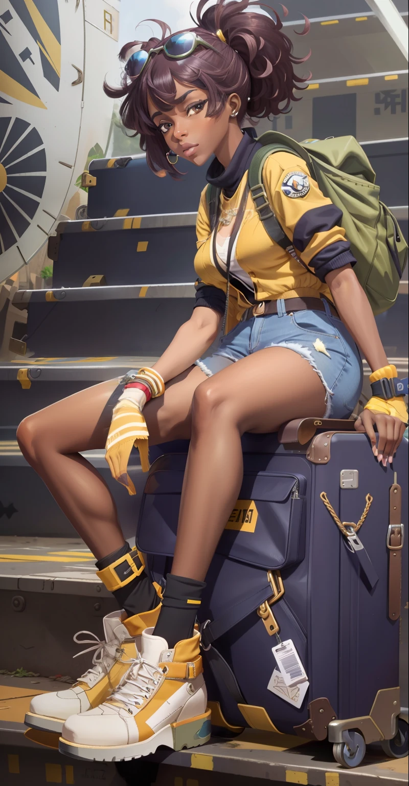 Araffe sits on a suitcase on a platform with a backpack, Aviator Jacket & Jorts, in a suitcase, Massive legs, towering over you, juicy legs, legs visible, nice legs, African hostess, beautiful image, Pavement, Legs, [ foto realista ]!!, black. Airports, stylish pose, absolutely outstanding image, vacation photo, The Goddess of Travel
