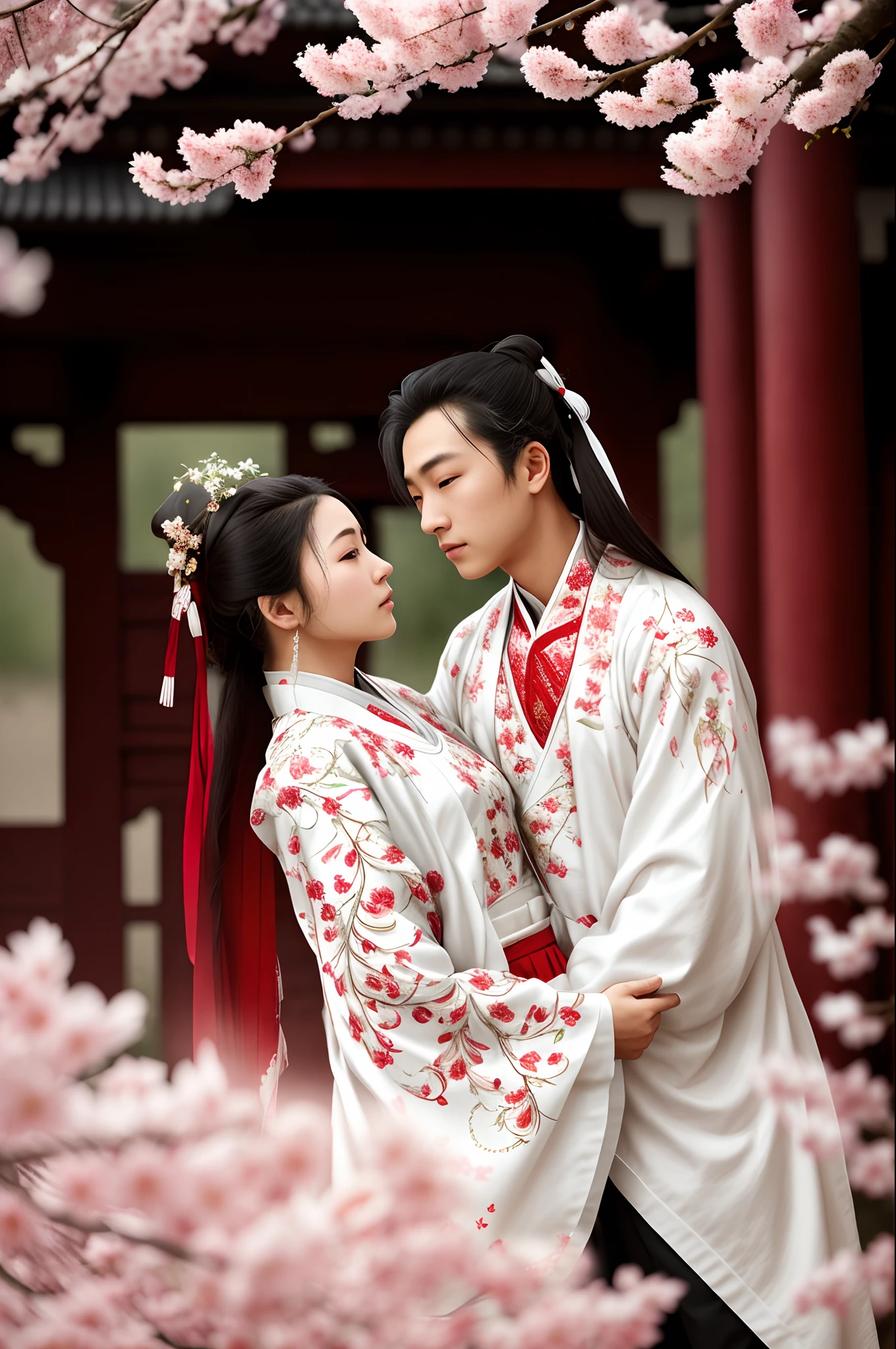 best qualtiy, ultra - detailed, Cinematic texture,filmposter, A high resolution, 8k wallpaper, realistic detail, Clothing details, skin detailed, Ancient Chinese couple,Look at each other,(Stand among the red cherry blossoms),Hazy red cherry blossom background