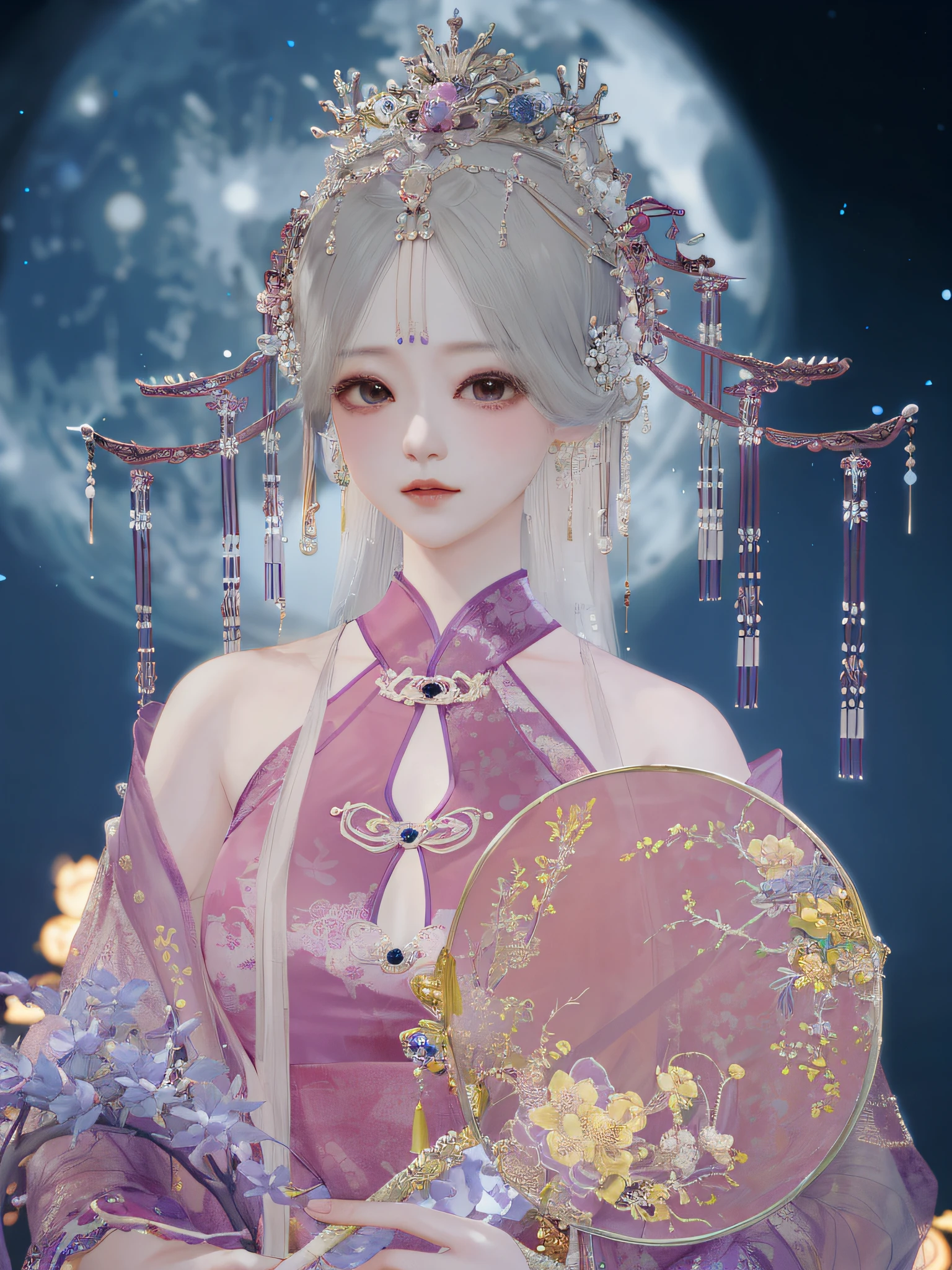 There was a woman in a purple dress holding a fan, Palace , A girl in Hanfu, Inspired by Huang Ji, lunar themed attire, inspired by Ma Yuanyu, Inspired by Lan Ying, inspired by Xie Sun, inspired by Park Hua, China Princess, Inspired by Ai Xuan, Chinese costume, ((a beautiful fantasy empress)), inspired by Lü Ji