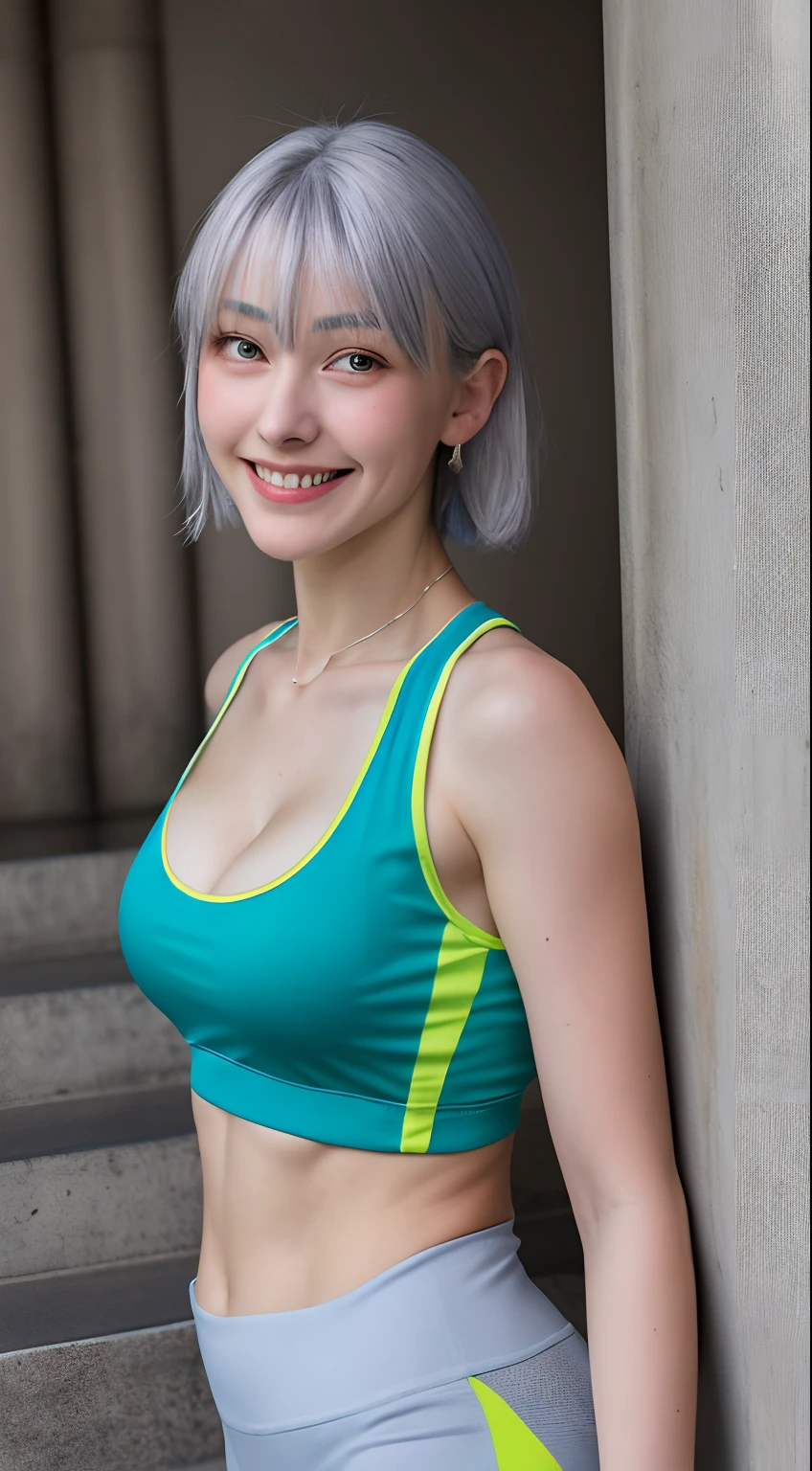 Best quality, RAW photos, super high resolution, shooting from the side, bright silver hair, bright gray hair, popping smile, one corner of mouth raised, Korean, very big round breasts, cleavage, cropped t-shirt, running clothes, training clothes, running shorts, fair skin, shiny white skin, short bob, beautifully matched bangs, beautiful eyes of random colors, very thin lips, beautiful eyes in every detail, elongated eyes, pale pink cheeks, long eyelashes, beautiful double eyelids, eyeshadow, beautiful thin legs, beautiful feet, beautiful navel, beautiful abs, beautiful ribs, beautiful constrictions, beautiful hip line, necklaces, earrings, hair accessories, night park, night stairs, concrete walls, leaning against the wall, holding a towel in hand, Holding a cloth in hand