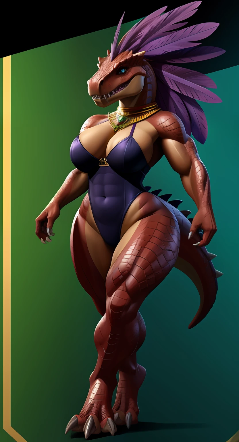 Anthropomorphic, furry, scaly, hybrid, woman, dinosaur, tyrannosaurus, black high cut leotard, black high leg leotard, sexy, curvy body, muscular body, thicc, claws, sharp teeth, fangs, tail, scales, hair, violet colored feather mane, fierce, busty, beautiful, lovely, savage, powerful, sexy legs, sexy hips, loving wife, giant, ruby red scales, emerald green scaled underside, violet stripes, confident, strong, blue eyes with slit pupils, long legs, seductive, loving, hourglass body, jewelry, fit body, short arms, fully scaled, big head, monstrous, beastly beauty, proud, close up, regal looking, dark skin, hard abs, bare feet, spikes, reptile, sensual, T-Rex, queen, transparent background, blank background, tail comming out of the spine,