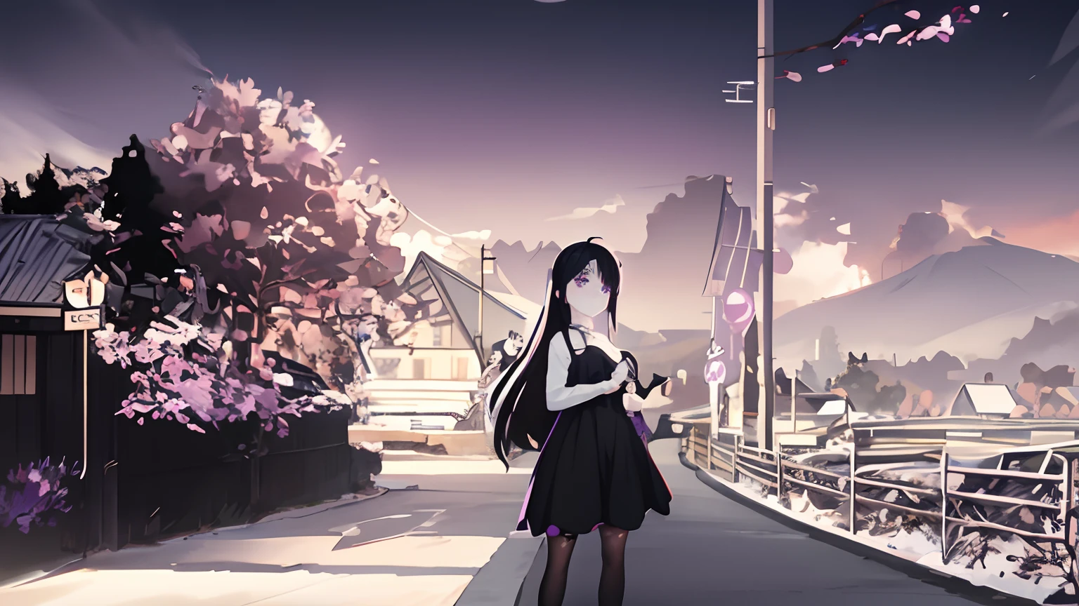 anime girl in black dress standing on road with cherry tree in background, purple eyes, anime girl wearing a black dress, anime moe artstyle, rin, sui ishida with black hair, in a scenic background, town in the background, made with anime painter studio, as an anime character, painted in anime painter studio, inspired by Miwa Komatsu