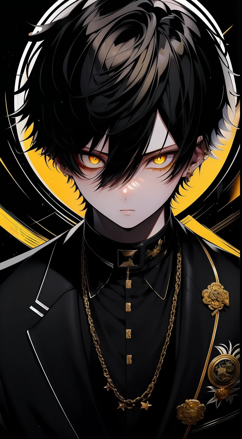 1man, anime style, golden yellow eyes, black hair, white shirt, black suit, black shoes , black pants, hd, ultra hd, ultra detail, masterpiece, 4k, Cool, facial details, handsome face