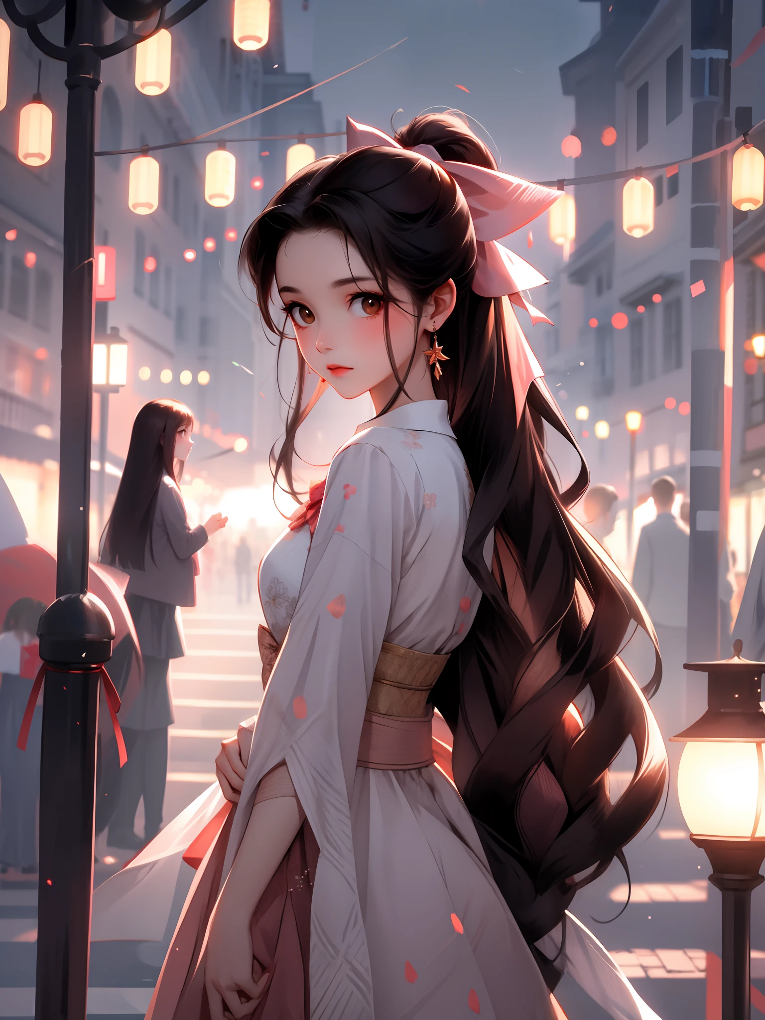 Best quality, Masterpiece,Half body,,1girll,(Face focus:1.2), Brown hair, Long hair,Brown eyes, Hair between the eyebrows,,ribbon,Peach dyeing,,tiered dress, White dress,Hand up,,Outdoors,parks, the street lights,ventania,,Night,