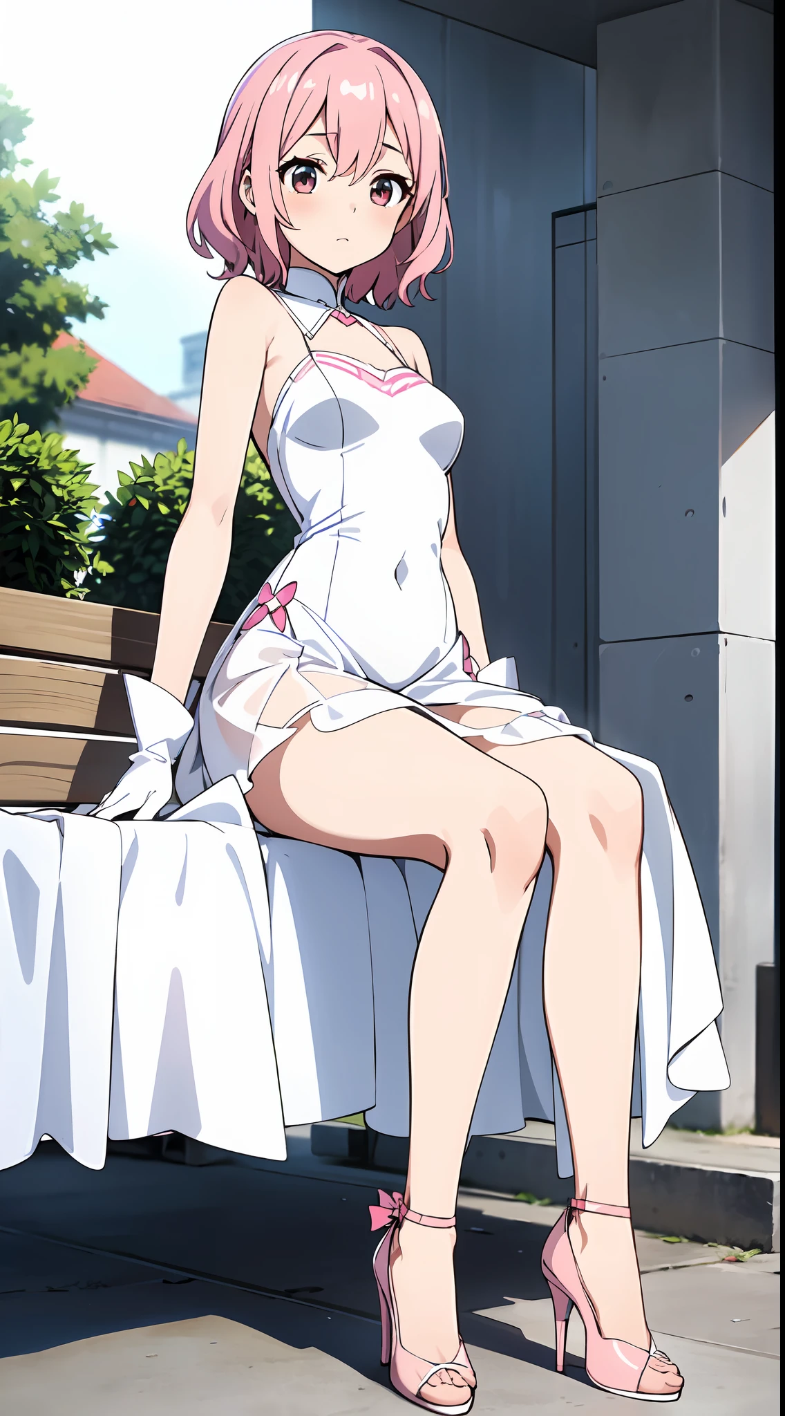 Pink hair，short and wavy hair，Cute girl，(She wears a long white transparent dress)，white stockings，high-heels，whitegloves，Delicate facial features，perfect bodies，(Single leg raised)，The reveal panties，One foot on the bench，is shy，Be red in the face