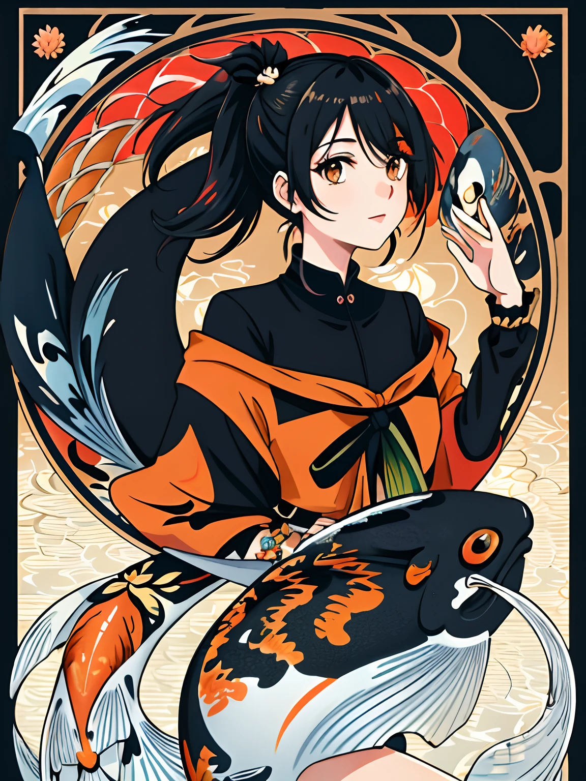 Art Nouveau style for a girl, Black ponytail, the complex background, Flying fish, (koi colors:1.3), [Red theme|Black Themes]