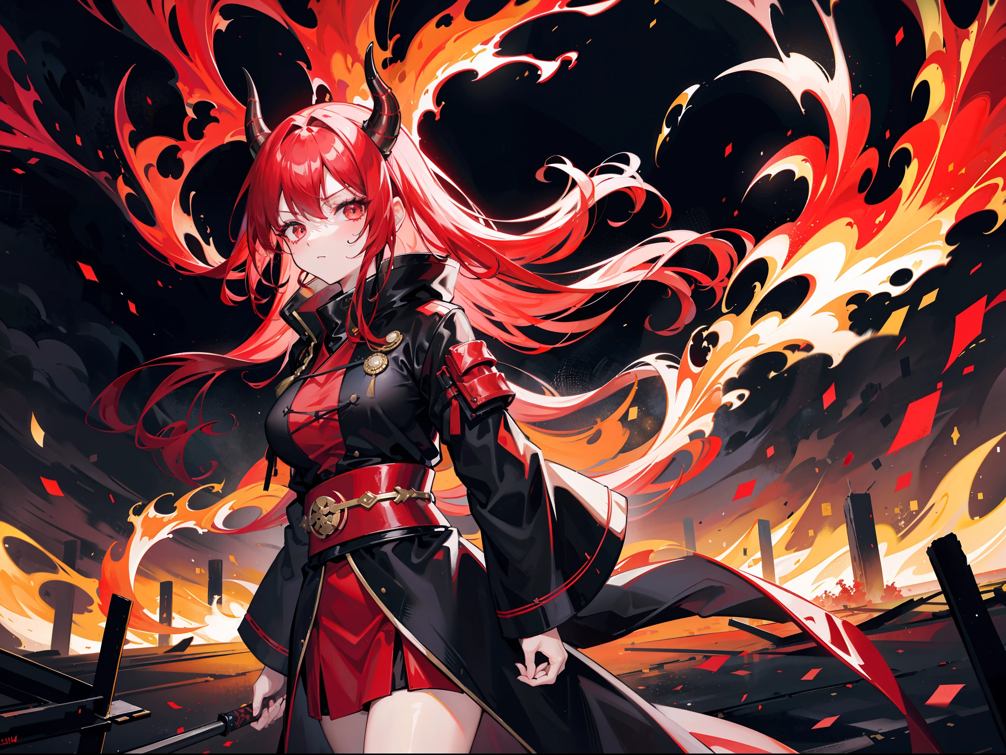 Red-haired beautiful girl,Wearing a black kimono,Red and black belt,Red and black cloak,Wears a black demon horn that is steaming,The hem of the kimono skirt drops to the floor,Holding a giant sword entangled in fire,Surrounded by fire,The expression is sinister,Stand in the midst of a city burned to ruins,Flames erupted from the pupils,The body was burned by flames,radiating with light