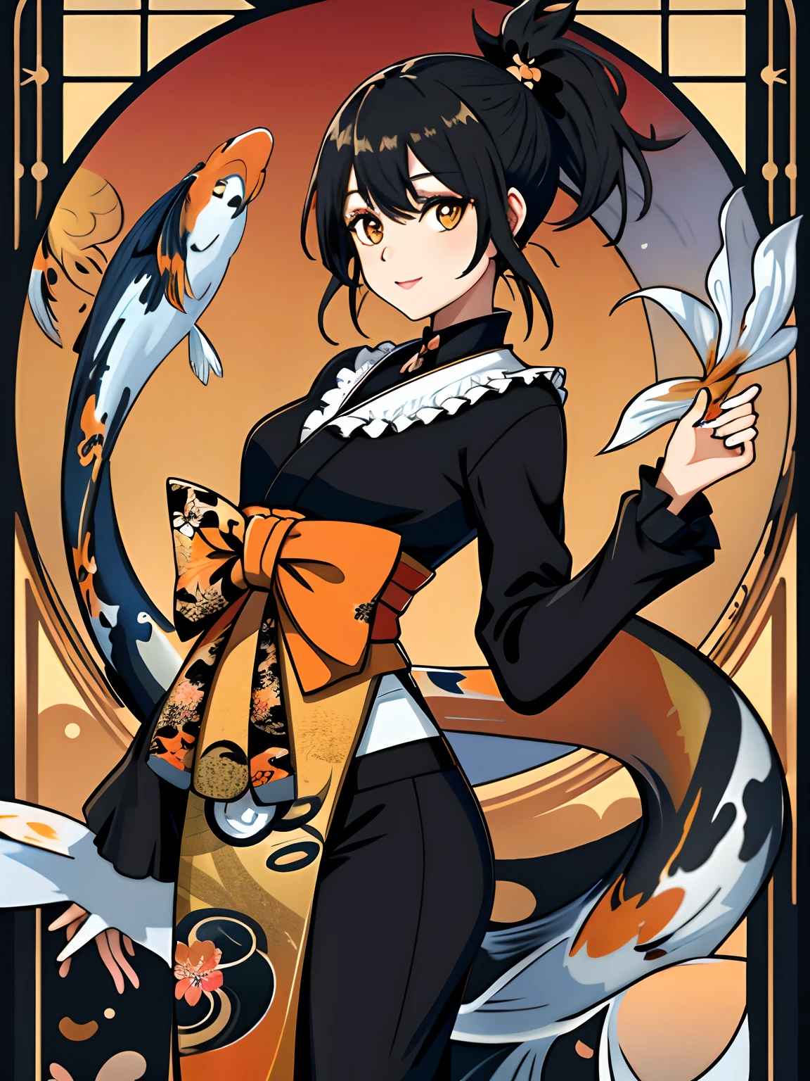 Art Nouveau style for a girl, Black ponytail, the complex background, Flying fish, (koi colors:1.3), [Red theme|Black Themes]