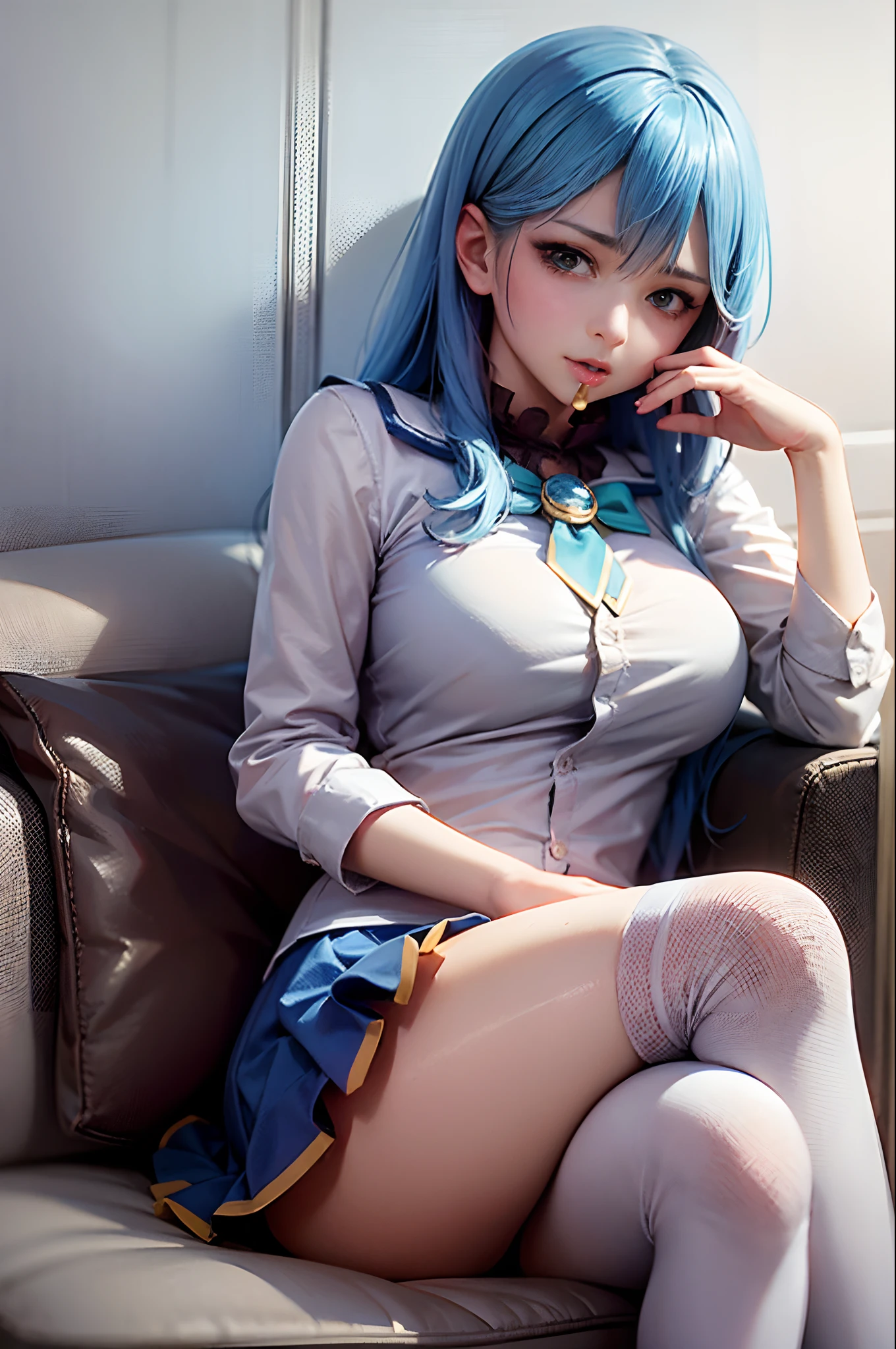 (Prominence in Masterpiece, Best Quality: 1.2), solo, 1 girl,aqua, serious, mouth closed, looking at viewer, hand on face, sitting, legs crossed, collared shirt, tie up, skirt, stockings , big thighs, big breasts,blue  hair)