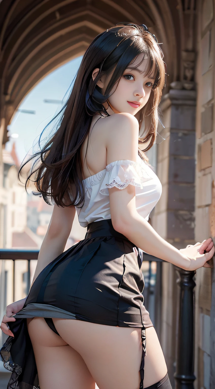 (A hyper-realistic)、(illustratio)、(hight resolution)、(8K)、(ighly detailed)、(Best Illustration)、(beautifully detailed eyes)、(top-quality)、(ultra-detailliert)、(masterpiece)、(wall-paper)、(A detailed face)、独奏、1 girl in、looking at viewert、fine detailed、A detailed face、in the darkness nigth、deep-shadows、lowkey、pureerosfaceace_v1、A smile、long、Black shawl straight hair、46-point diagonal bangs, ((White lace dress、a miniskirt))(off shoulders)((Beautiful woman standing on the balcony of the castle))(((Skirt lifted by hand, Black panties glimpsed))),