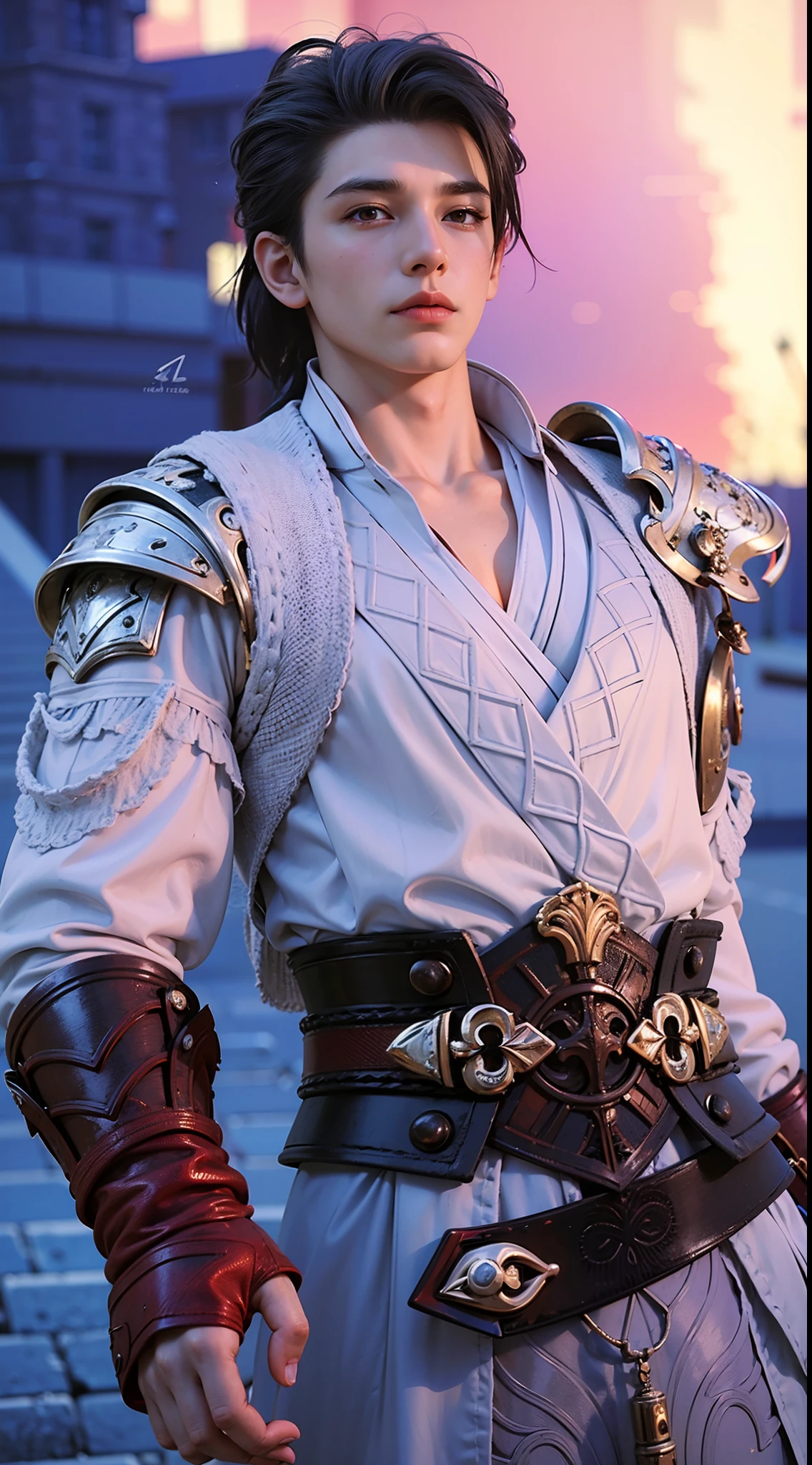 1boy,white hair, best quality, photo, 4k,looking at viewer,full body,wear armor,