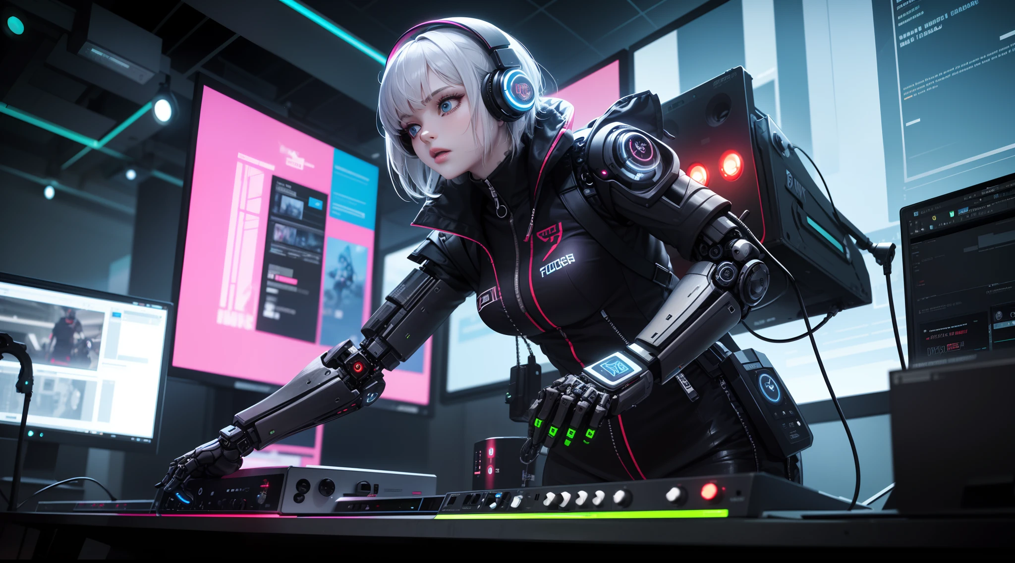 (hyperdetailed, 16k resolution, octane render, pyrotechnic),(A girl DJ wearing futuristic jacket and big silver headphones,intricate detailed Mechanical cyberpunk cyborg,Multimedia music combination exoskeleton:1.2),standing in front of a dj set,focused on performing,Virtual singer style,Highly detailed mechanical DJ player and multimedia music combination,Side semi close-up,virtual stage background,Futurist digital art