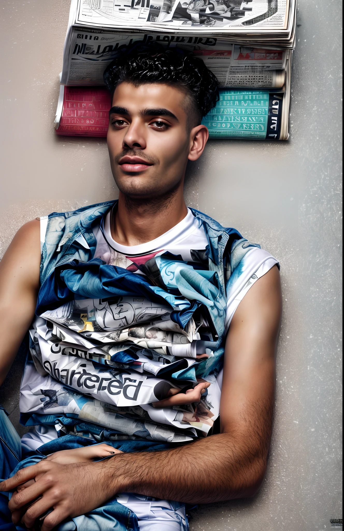 Arafard man lying on a pile of newspapers,Arms spread wide, vman magazine, editorial photograph, editorial image, editorial photo from magazine, editorial photography, Jean-Sebastian Roosbach, arian mark, toiletpaper magazine, David LaChapelle, sergey zabelin, by Galen Dara, Magazine scrap, fashion magazine photography, magazine shoot