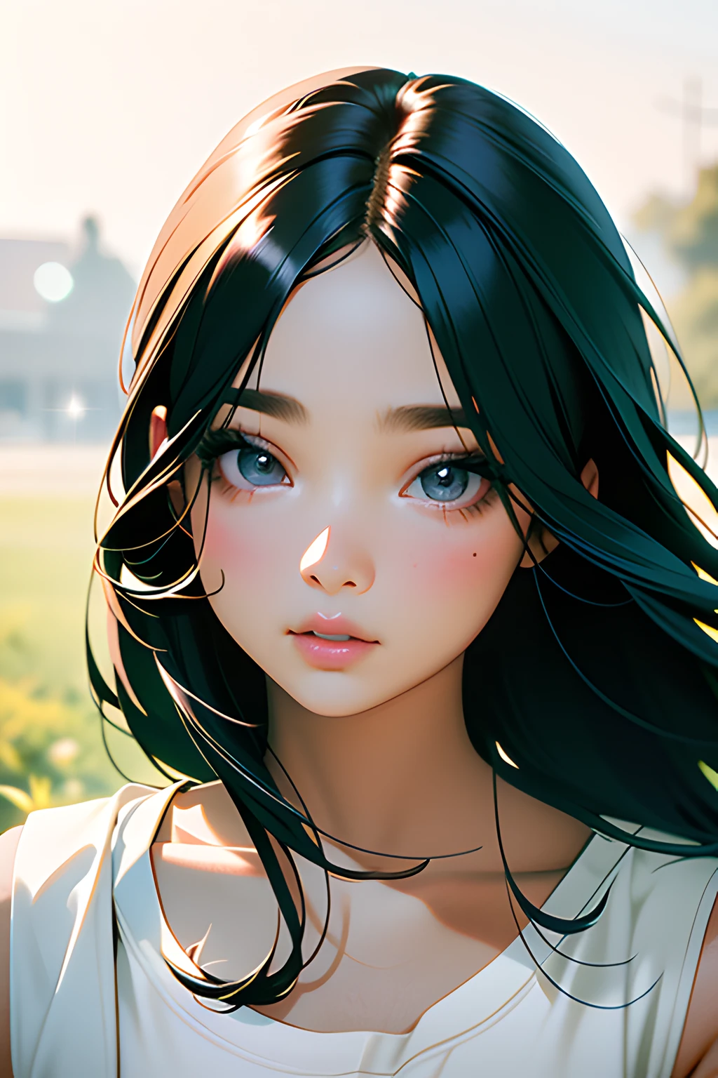 Highest image quality，Young girls，Shoulder-length hair and white top, young lovely Korean faces, Korean face features, girl cute-fine face, Cute natural anime face, beautiful Korean women, beautiful aesthetic face, beautiful delicate face, Korean girl, beautiful portrait image, floated hair，Bright colors