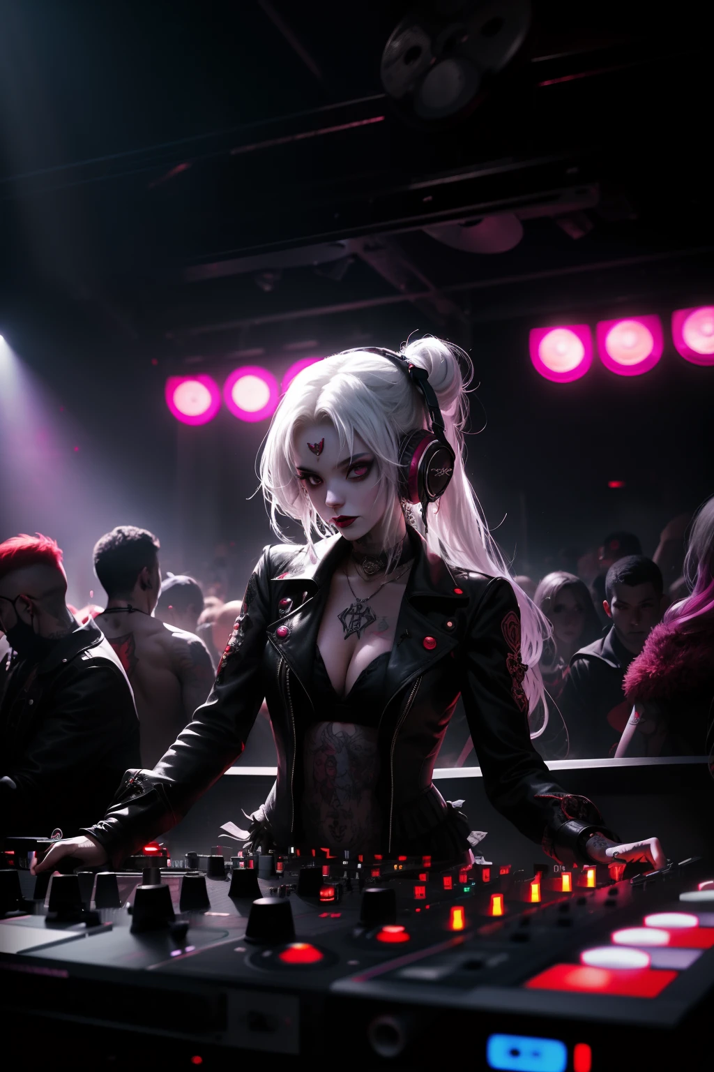 Upper body, Female vampire DJ, Look at the crowd,Vampires,Wear a bikini,Tattooed with,Red eyes,White hair, Quirky, Vibrant appearance, Playful accessories, Bright colors,Creative behavior, Rambled, Sensual, Spontaneous, DJ headphones, ((Mixing Console)), Dysfunctional punk vampire girl, Revel vampire girls,Vampire Club,Vampire nightclub, In the Vampire Castle,goth style,Independent cinema, People dancing on dance floor background, Underground danceclub, Underground danceclub,night club, Highest quality, Skin texture, Intricate details, (Cinematic lighting), RAW photo, 8K,Psychedelic surrealist art,Surrealist psychedelic design,dream art style,Illusion psychedelic art, Colorful dark vectors,
