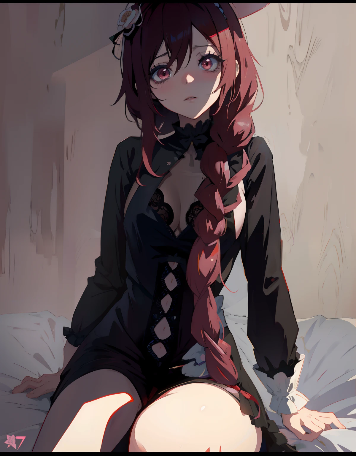 Chica de anime con cabello largo y rosa sentada en la cama con una camisa negra, 17 - years old - Anime goth girl, Arte digital de Danganronpa, Una chica de anime, seductora chica de anime, Chica anime, anime artstyle, Obras de arte al estilo de Guweiz, Chica anime con un vestido ?????, Personaje de anime, Anime Moe Artstyle, Estilo anime, obra de arte, monja, babydoll, trenza larga, expresion apenada, pechos enormes, escote