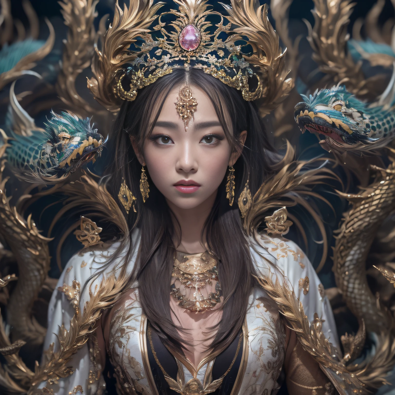 16k（tmasterpiece，k hd，hyper HD，16k）Black ball hair，Gold jewelry area in the back room，Smoke ring girl ，Bronze Dragon Protector （realisticlying：1.4），Python pattern robe，Purple-pink tiara，Snowflakes fluttering，The background is pure，Hold your head high，Be proud，The nostrils look at people， A high resolution， the detail， RAW photogr， Sharp Re， Nikon D850 Film Stock Photo by Jefferies Lee 4 Kodak Portra 400 Camera F1.6 shots, Rich colors, ultra-realistic vivid textures, Dramatic lighting, Unreal Engine Art Station Trend, cinestir 800，Hold your head high，Be proud，The nostrils look at people