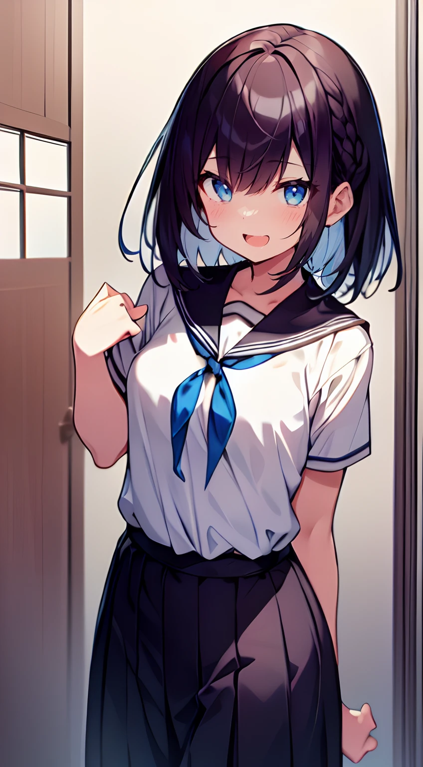 masutepiece, Best Quality,Illustration, Wallpaper, Ultra Detail, 1girl in,Solo,Beautiful detailed eyes,Very thick contour lines、Medium Short-Cut Hair、Short, Braided hair、(student clothes)、Dark hair color、Open mouth and big smile、Kamimei、Angle from which you can see the whole body、Overlooking angle:1.2、small head、ample breasts