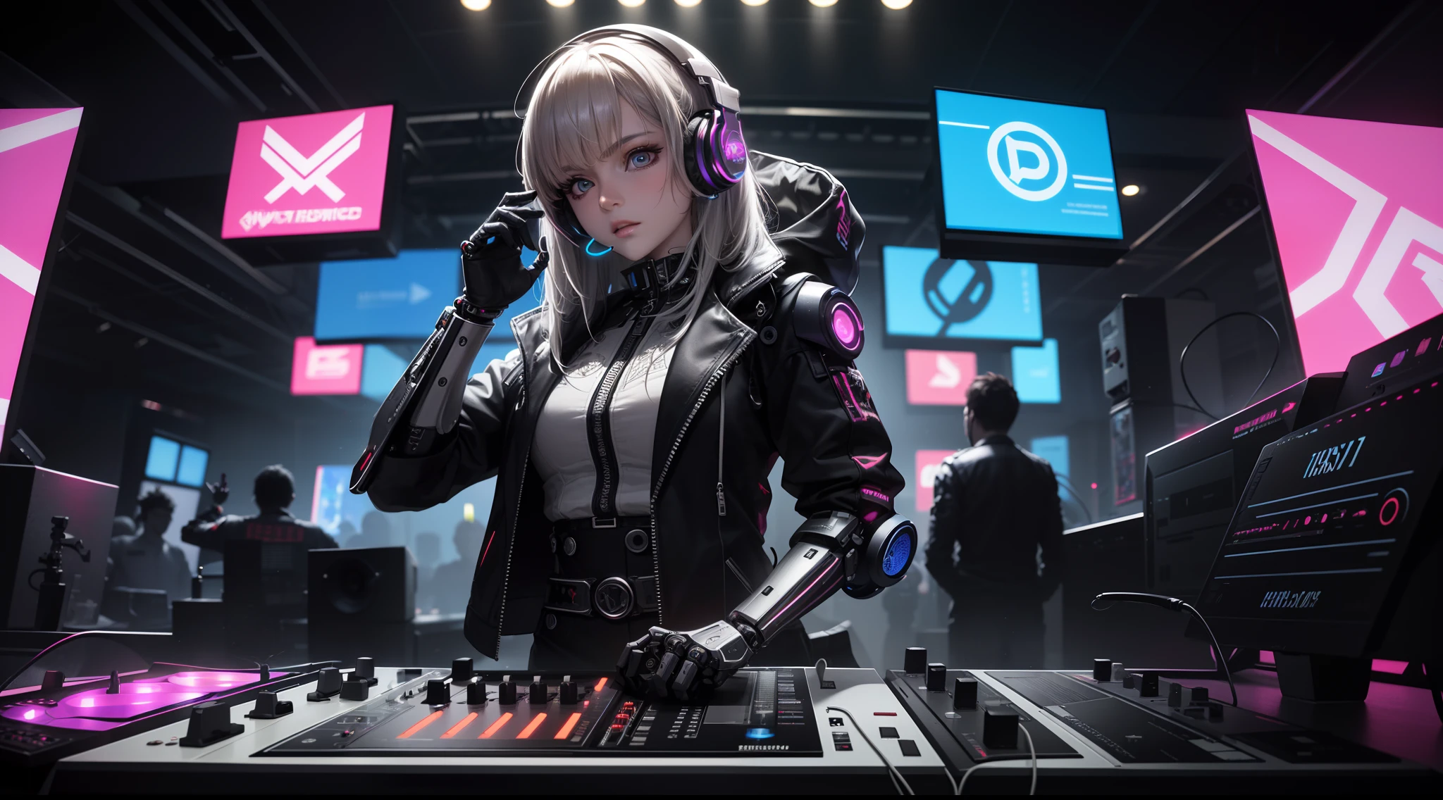 (hyperdetailed, 16k resolution, octane render, pyrotechnic),(A girl DJ wearing futuristic jacket and big silver headphones,intricate detailed Mechanical cyberpunk cyborg,Multimedia music combination exoskeleton:1.2),standing in front of a dj set,focused on performing,Virtual singer style,Highly detailed mechanical DJ player and multimedia music combination,Side semi close-up,virtual stage background,Futurist digital art