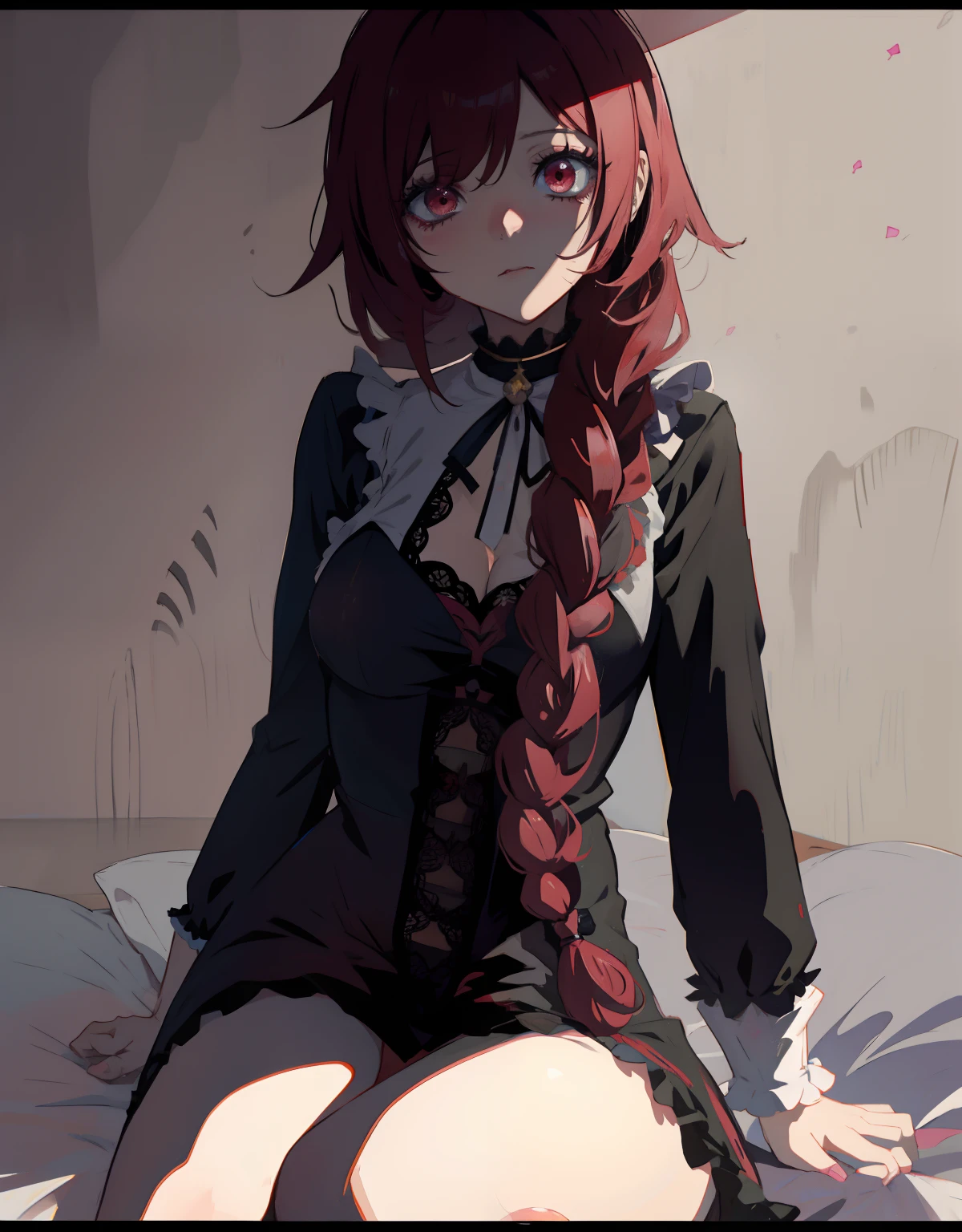 Chica de anime con cabello largo y rosa sentada en la cama con una camisa negra, - ye Anime goth girl, Arte digital de Danganronpa, Una chica de anime, seductora chica de anime, Chica anime, anime artstyle, Obras de arte al estilo de Guweiz, Chica anime con un vestido negro, Personaje de anime, Anime Moe Artstyle, Estilo anime, obra de arte, monja, babydoll, trenza larga, expresion apenada, pechos enormes, escote