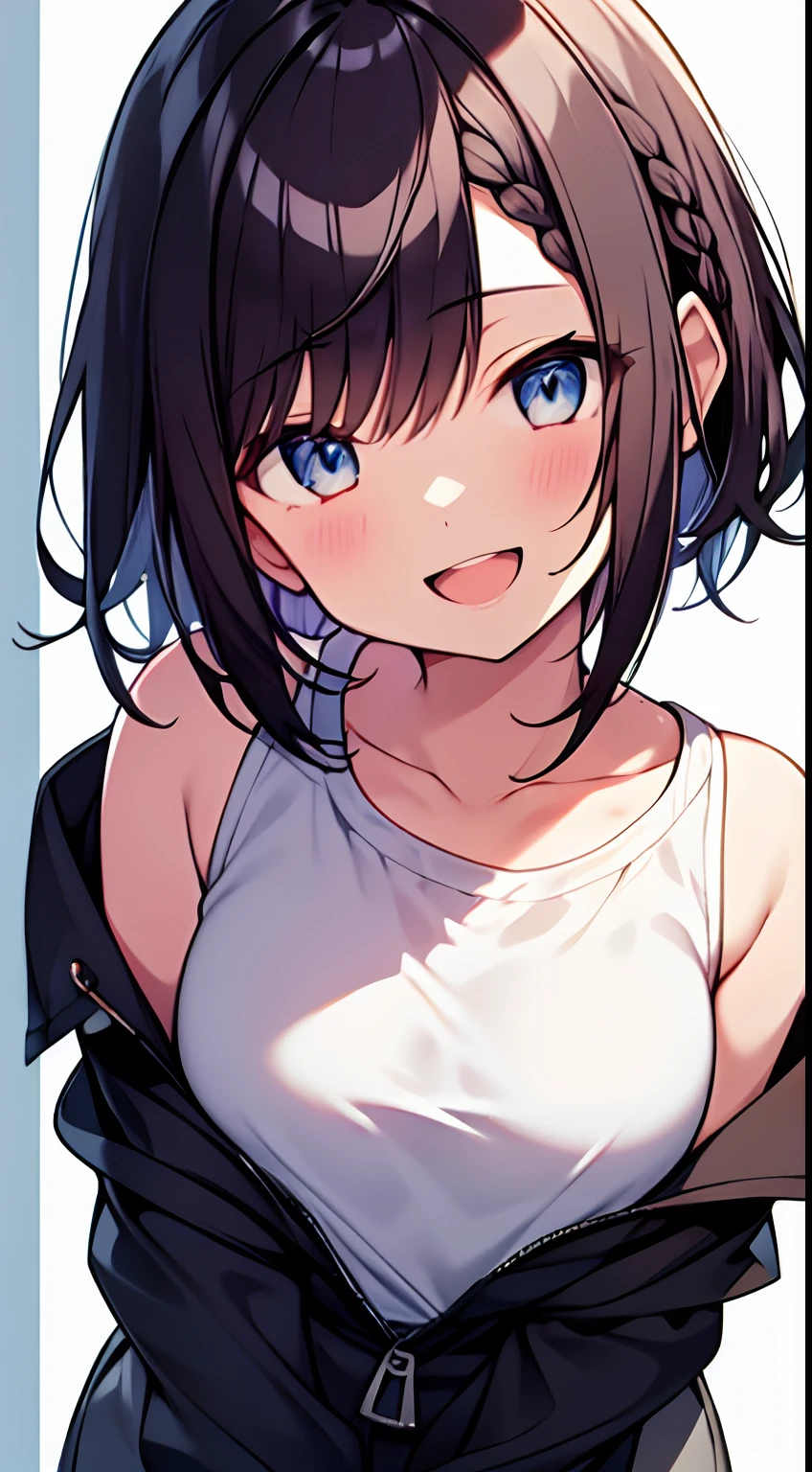 (best quality), (Super detailed), (Best Illustration), (masterpiece), score_9, score_8_up, score_7_up, 4k, (nsfw), high contrast, upper body, (1woman), (solo:1.2),{(white serafuku), (bra lift), (show off breast:1.2), (show off nipples:1.2)}, (large breasts:1.2), {brown hair, (sideburns), (bob cut:1.3), curly hair, hairs between eyes, colored inner hair}, {(detailed eyes), blue eyes}, earring, embarrassed, nose blush, sweat, (white background:1.2),
