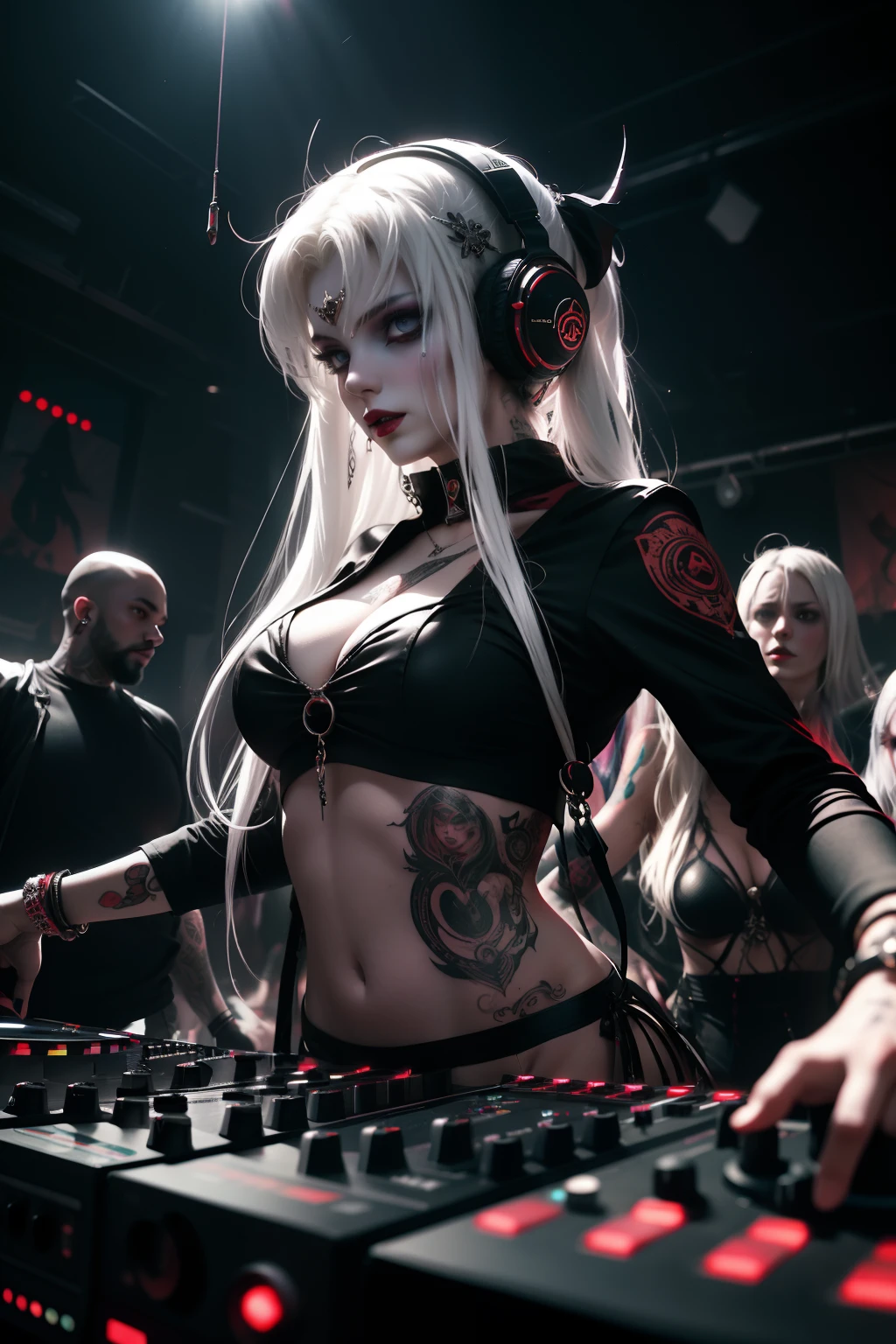 Upper body, Female vampire DJ, Look at the crowd,Vampires,Wear a bikini,Tattooed with,Red eyes,White hair, Quirky, Vibrant appearance, Playful accessories, Bright colors,Creative behavior, Rambled, Sensual, Spontaneous, DJ headphones, ((Mixing Console)), Dysfunctional punk vampire girl, Revel vampire girls,Vampire Club,Vampire nightclub, In the Vampire Castle,goth style,Independent cinema, People dancing on dance floor background, Underground danceclub, Underground danceclub,night club, Highest quality, Skin texture, Intricate details, (Cinematic lighting), RAW photo, 8K,Psychedelic surrealist art,Surrealist psychedelic design,dream art style,Illusion psychedelic art, Colorful dark vectors,