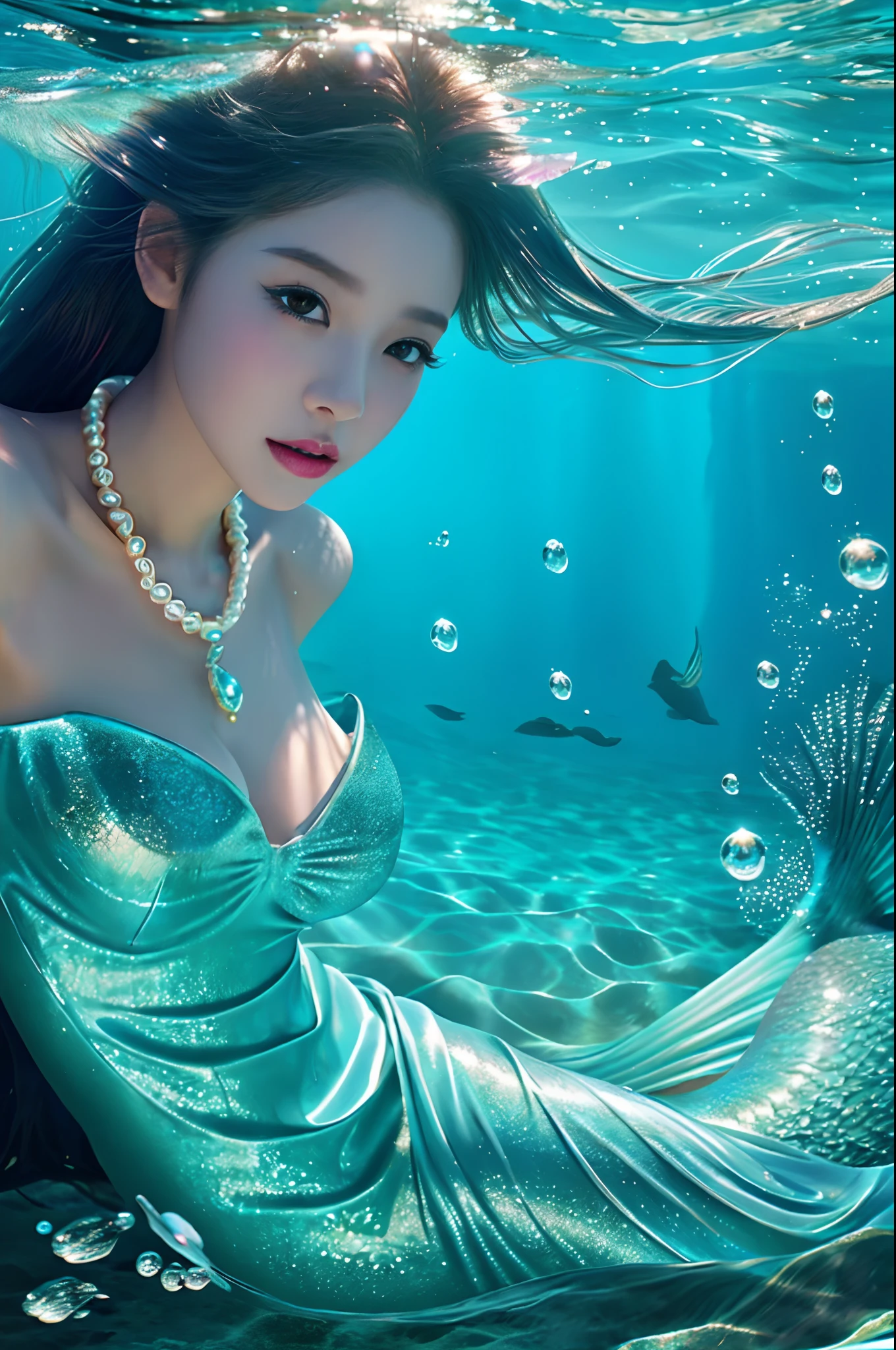 Stunning girl in mermaid costume in the ocean,wearing a pearl necklace,Holding a man, Guviz-style artwork, colorfull digital fantasy art, closeup fantasy with water magic, fantasy beautiful, Beautiful digital artwork, queen of the sea mu yanling, Fantasy art style, by Yang J, beautiful mermaid, beautiful gorgeous digital art,Real skin is sexy, Delicate and shiny