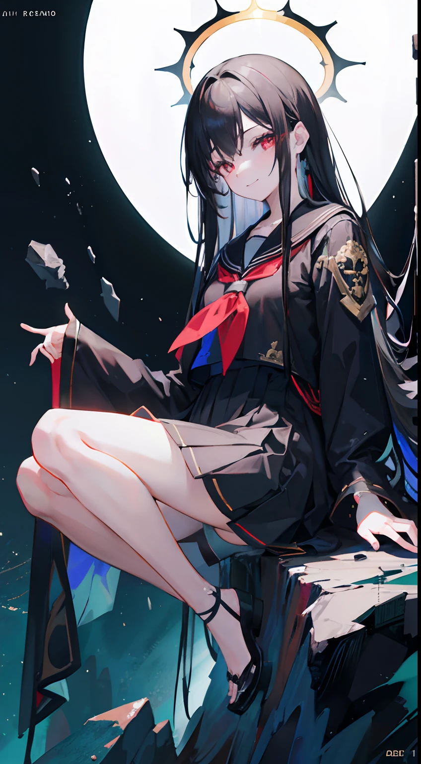 1girl, long hair, black hair, straight hair, black sailor uniform, black clothes, glowing eyes, red eyes, beautiful detailed eyes, red halo, flat chest, short, smug, smile, full body, sitting on a rock, beautiful detailed glow, official art, 4k, 8k, official art, beauty and aesthetics: 1.2, highly detailed fractal art, colorful, moody lighting, brilliance, masterpiece, absurdres, high res, ultrasharp, 8K, masterpiece, looking at viewer