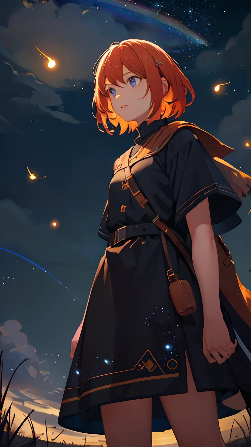 Vast landscape photo, (viewed from below, the sky is above and the open field is below), a girl standing on a flower field looking up, (full moon: 1.2), (meteor: 0.9), (nebula: 1.3), distant mountains , Trees BREAK Crafting Art, (Warm Light: 1.2), (Fireflies: 1.2), Lights, Lots of Purple and Orange, Intricate Details, Volumetric Lighting, Realism BREAK (Masterpiece: 1.2), (Best Quality), 4k, Ultra-Detailed, (Dynamic Composition: 1.4), Very Detailed, Colorful Details, (Rainbow Colors: 1.2), (Glow Lighting, Atmospheric Lighting), Dreamy, Magical, (Solo: 1.2)