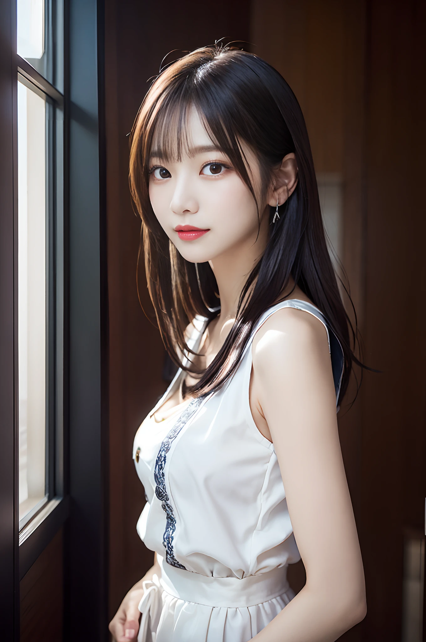 Asian woman in arafe in white dress standing in front of window, (((huge tit))), Beautiful young Korean woman, (((beautiful countenance))),(((big eye))),(((Beautiful eyes))),(((long lashes))),((Beautiful teeth alignment)),Gorgeous young Korean woman, taken with canon eos 5 d mark iv, taken with canon 5d mk4, beautiful Korean women, Shot with Canon EOA 6 D Mark II, photo taken with sony a7r, Portrait of female Korean idol