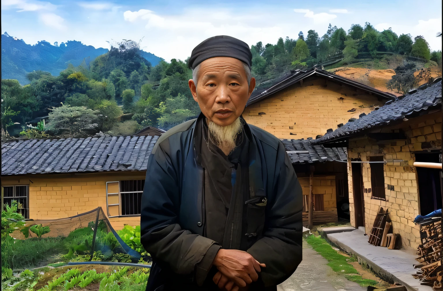 There was a man standing in front of a house,The background is a mountain, asian man, Chinese village, An old man, bian luan, old man, Wise old man, inspired by Huang Guangjian, guangjian huang, inspired by Li Shan, inspired by Hu Zao, lin hsiang, old asian village, Inspired by Liu Jue