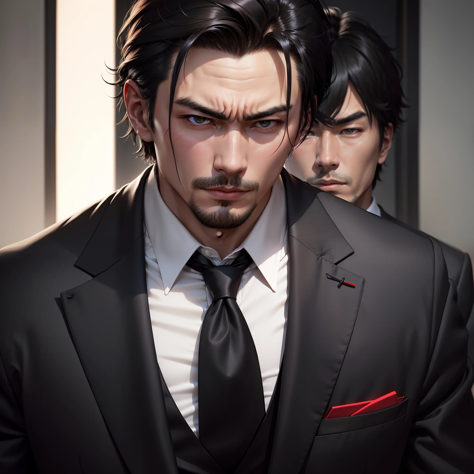 The man wears a black suit,red necktie。