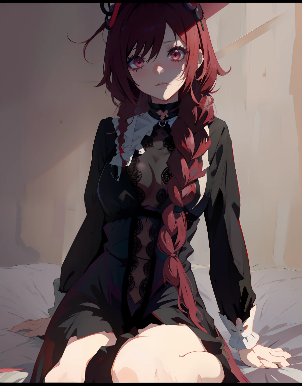 Chica de anime con cabello largo y rosa sentada en la cama con una camisa negra,  - ye Anime goth girl, Arte digital de Danganronpa, Una chica de anime, seductora chica de anime, Chica anime, anime artstyle, Obras de arte al estilo de Guweiz, Chica anime con un vestido negro, Personaje de anime, Anime Moe Artstyle, Estilo anime, obra de arte, monja, babydoll, trenza larga, expresion apenada, pechos enormes, escote