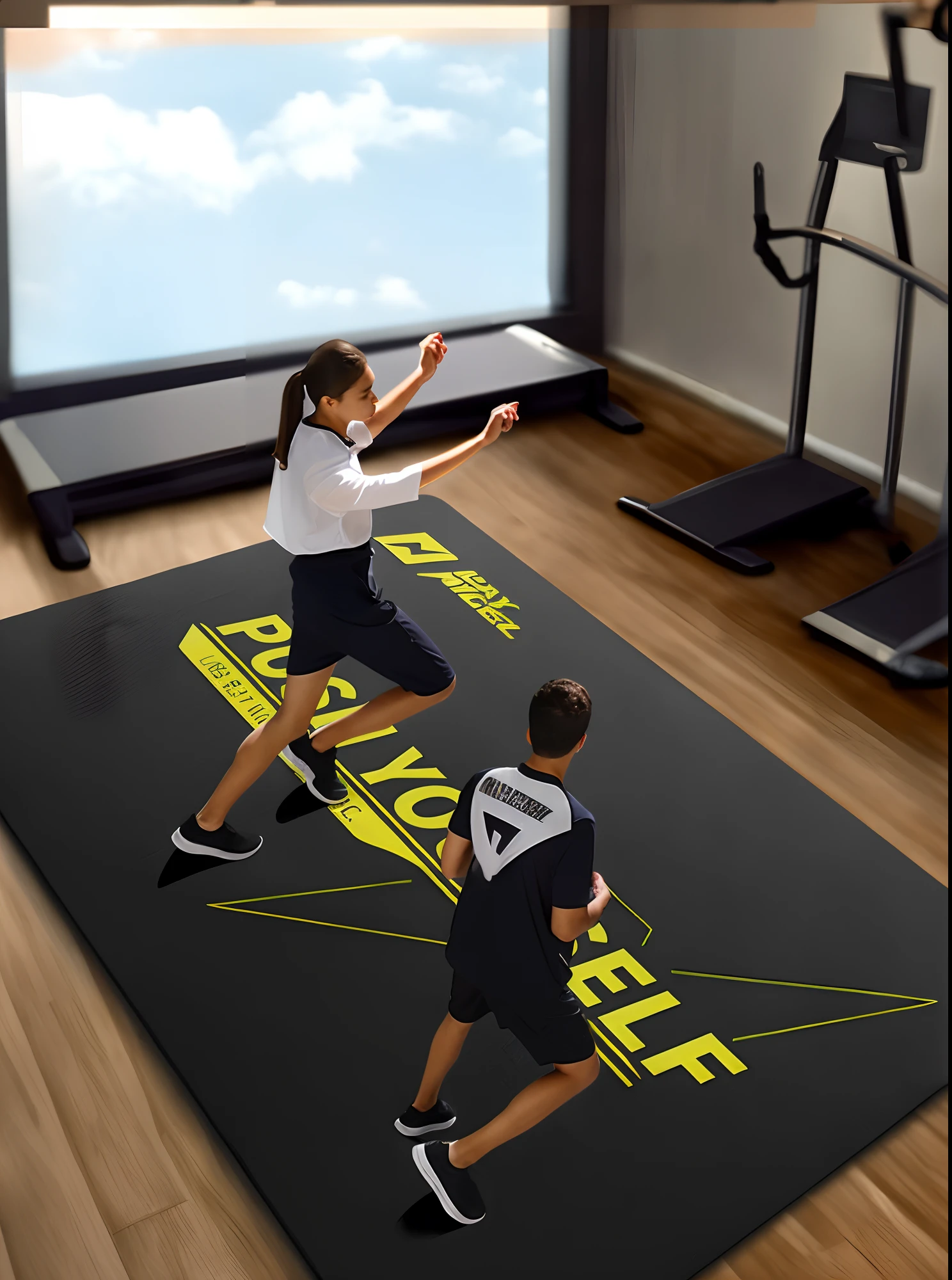 Two children playing ball on mats, reverse, everything is carpet and 3d, full bodyesbian, Full-body, Full-body angle, flex, on a dark background, exclusive, dramatic ”, dramatic”, Celebrity, Stretch, Official product photo, pixeled stretching, Fitness, f / 1, Medium Shot Shot, XXL, focus on full - body