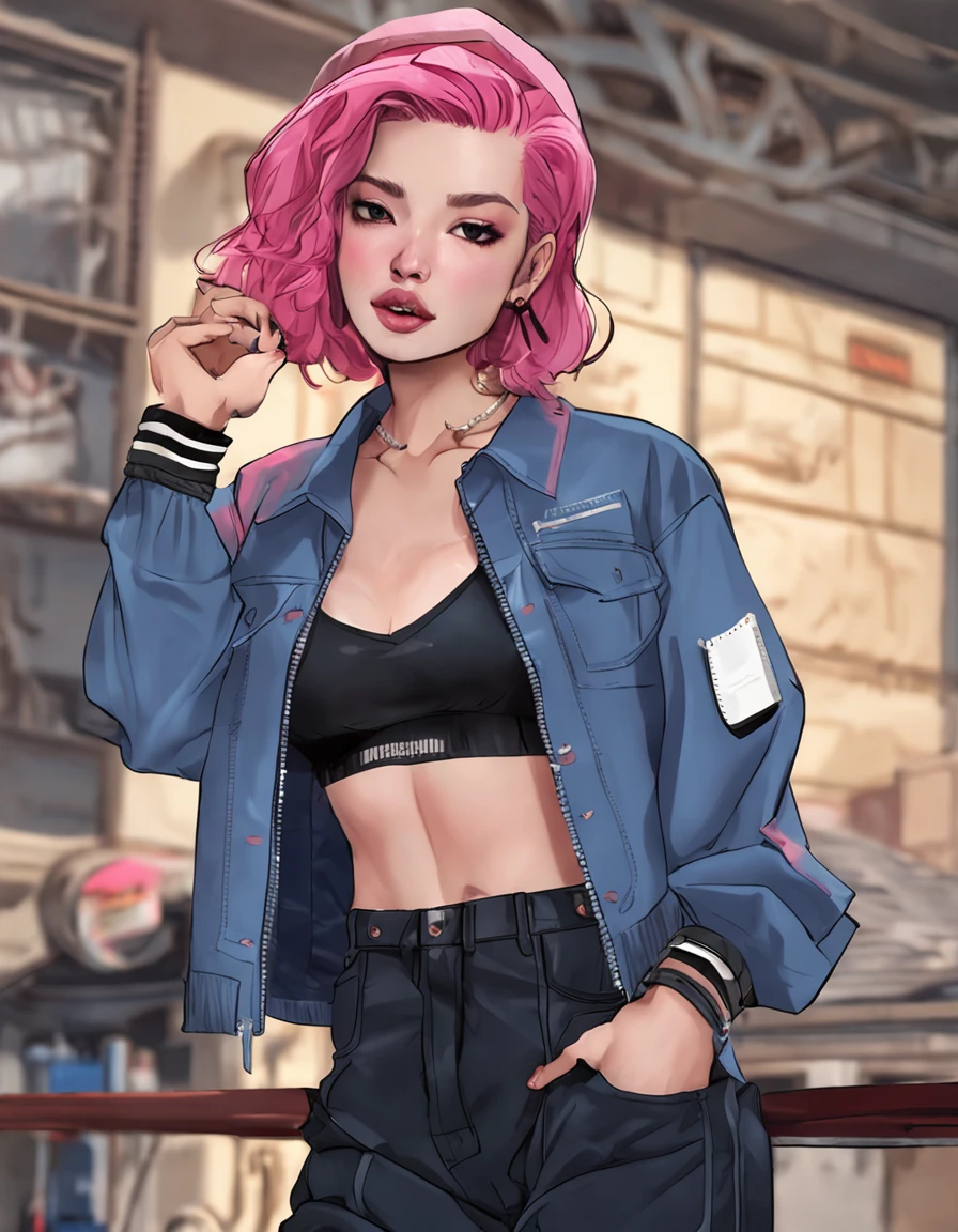 a Detailed portrait of a pink haired girl, short hair, fringe, beautiful girl, wearing a ((blue crop jacket)), wearing a black full ((bodysuit), ((short sleeves)), wearing a beanie, makeup, shirt collar, masterpiece, best quality, sexy pose