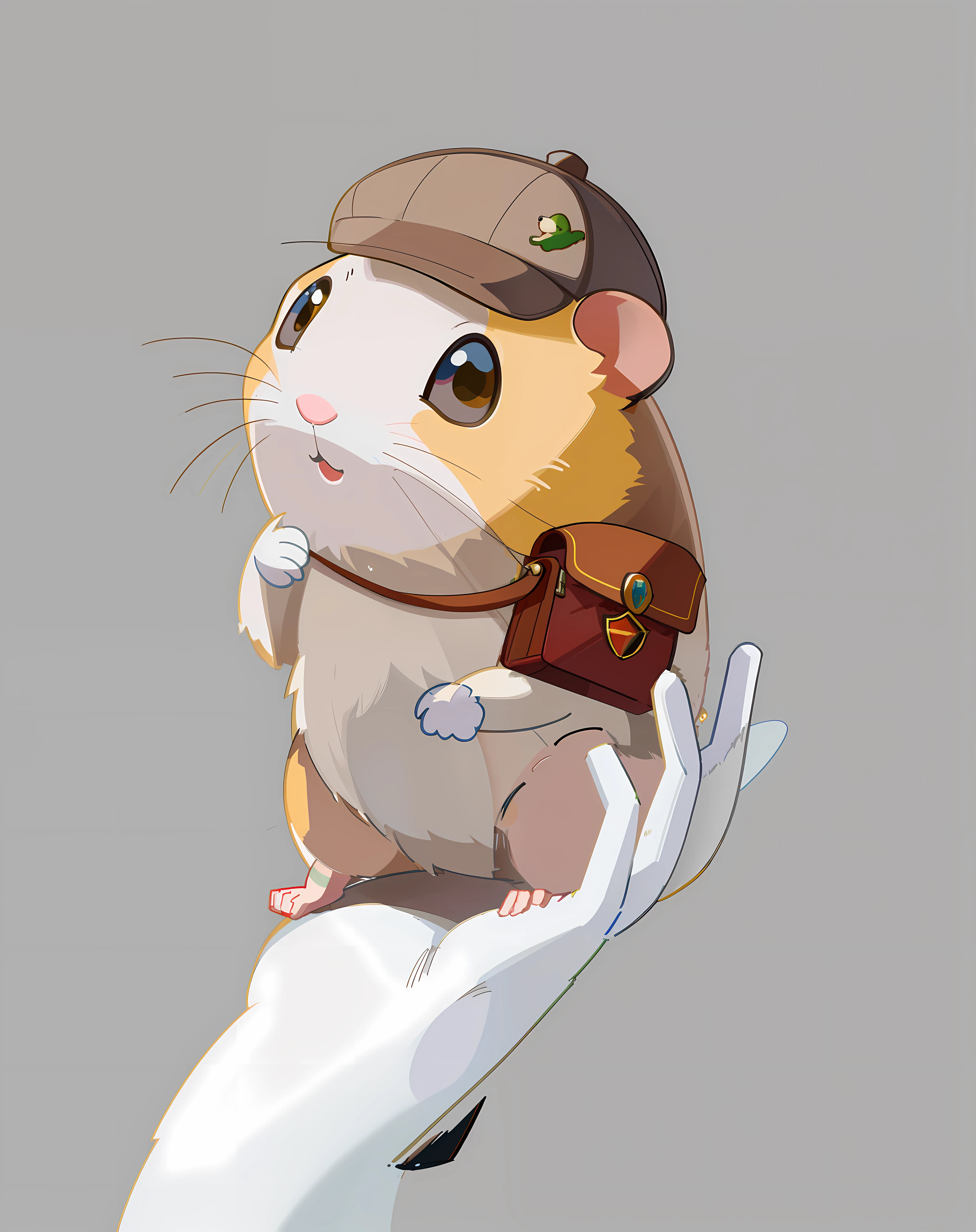 Um hamster bonito,The hamster sits on his hand,Hamsters have big eyes,The hamster wears a hat on its head,Hamster hair is a mixture of yellow and white,Hamster carrying a postman's bag,High-quality image quality,high detal,Two-dimensional painting style,
